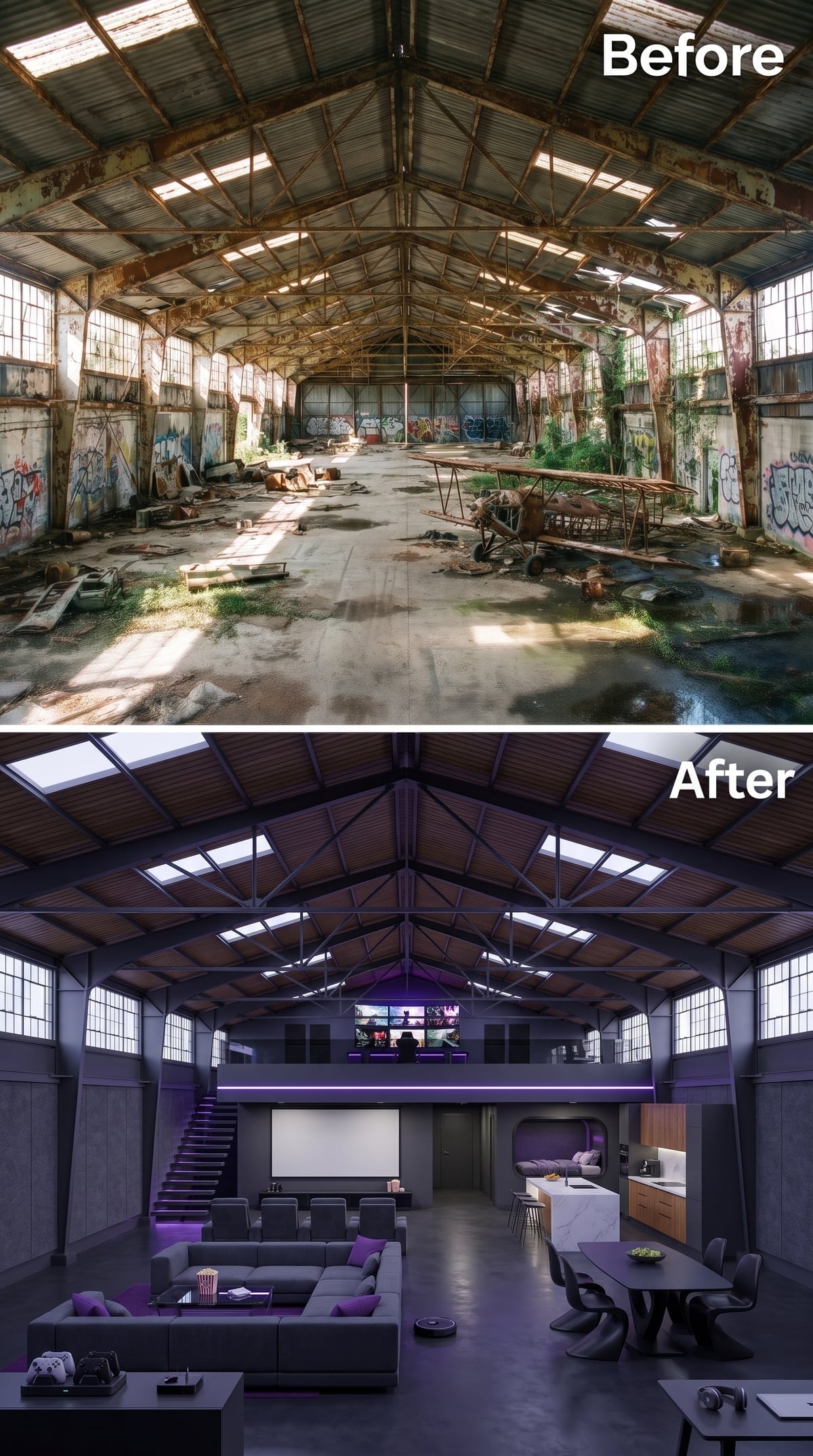 Hangar entertainment loft with purple accent lighting, projection screen, gray sofas and mezzanine gaming area