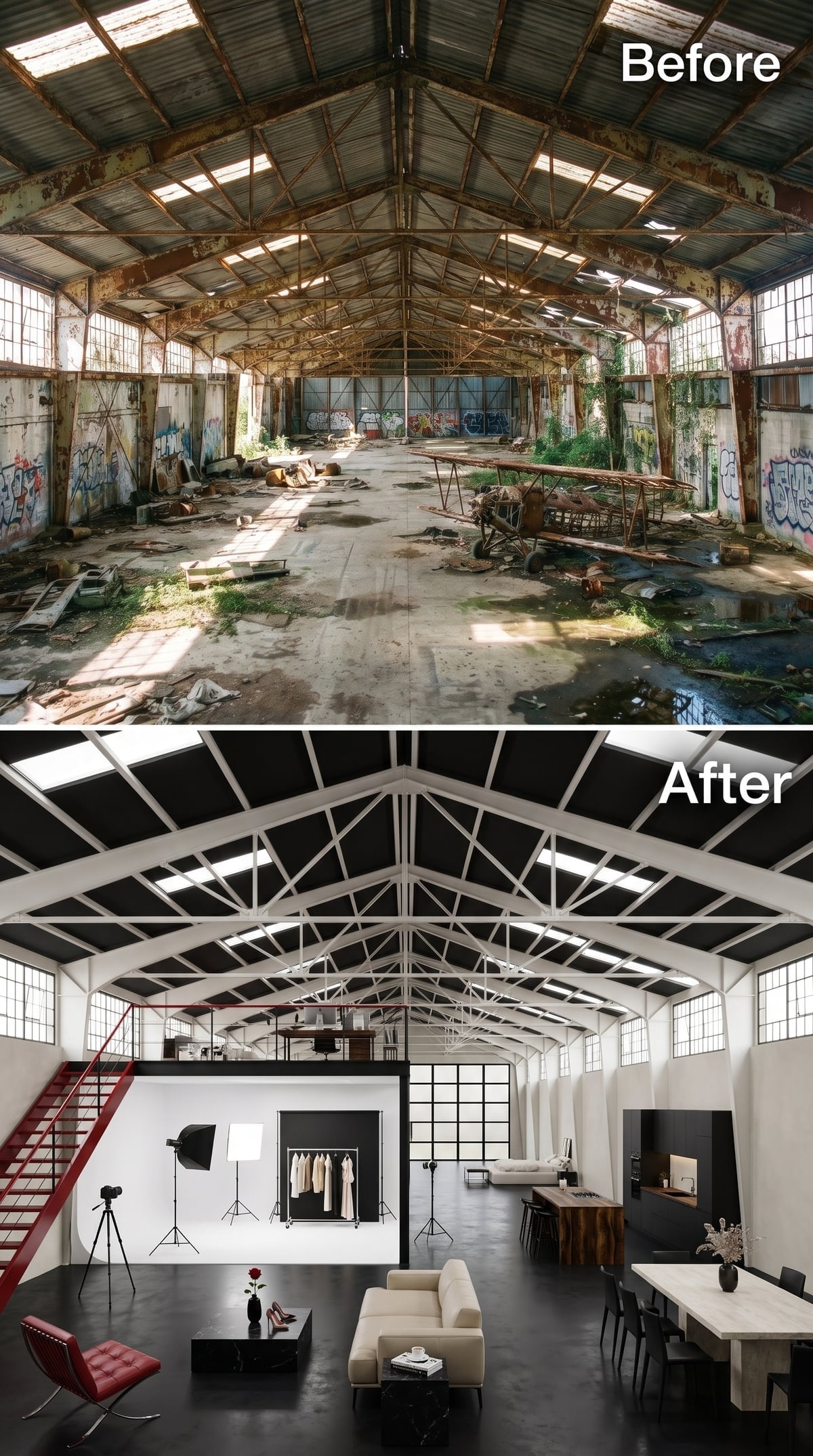 Hangar live-work loft with red steel staircase, dark ceiling and photography studio equipment