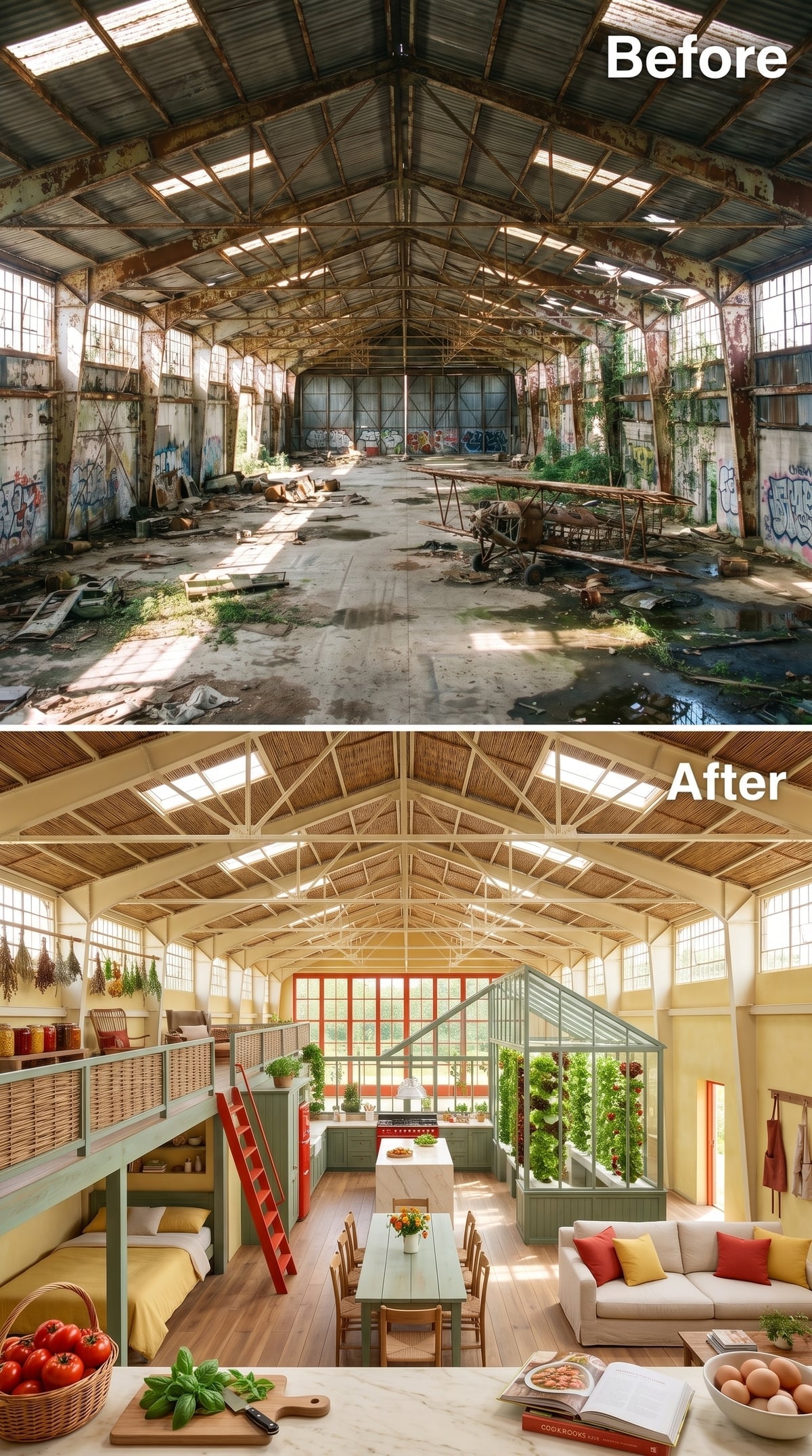 Hangar residence with sage kitchen cabinets, red range, woven ceiling and integrated indoor greenhouse