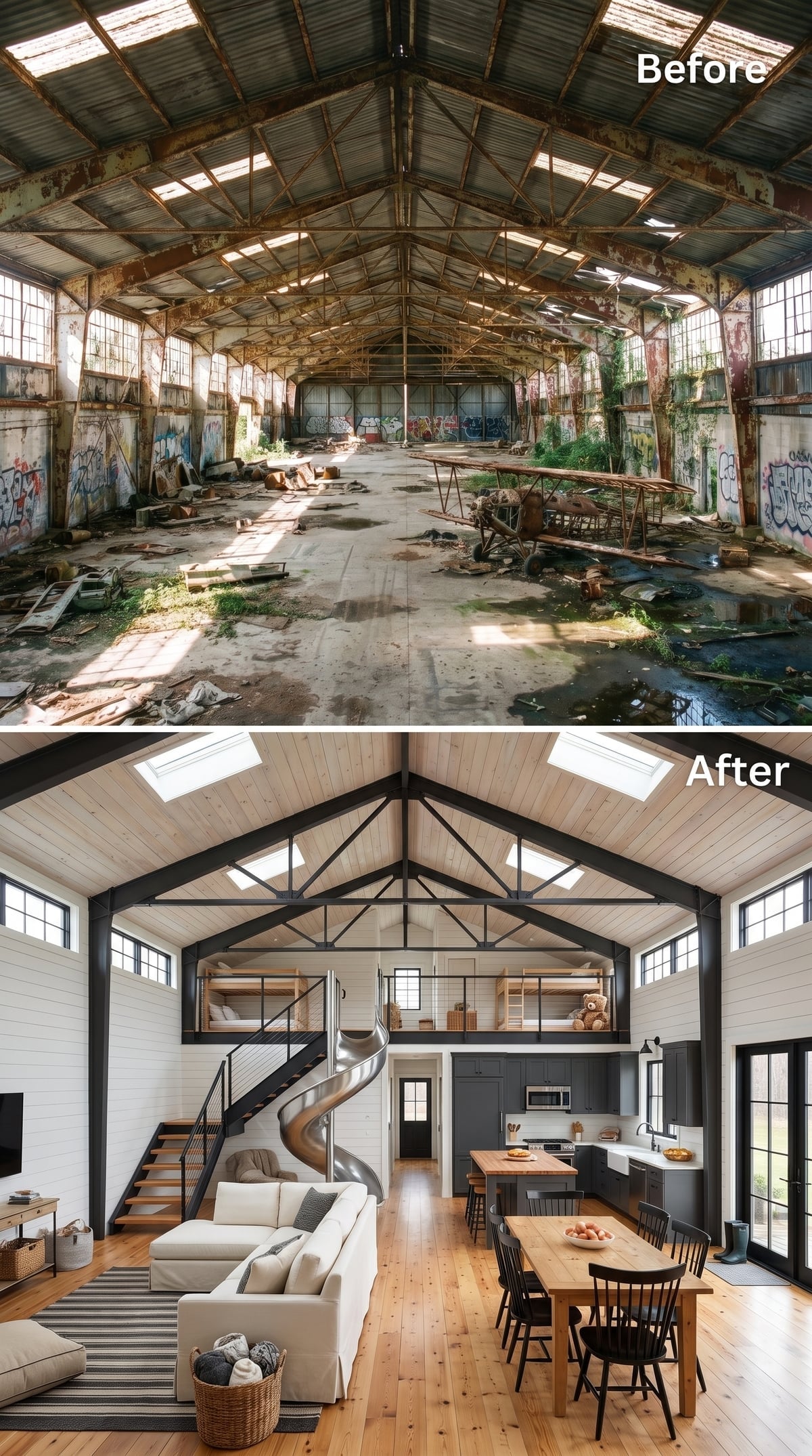 Family hangar loft with white shiplap ceiling, bunk mezzanines and a spiral slide beside the stairs