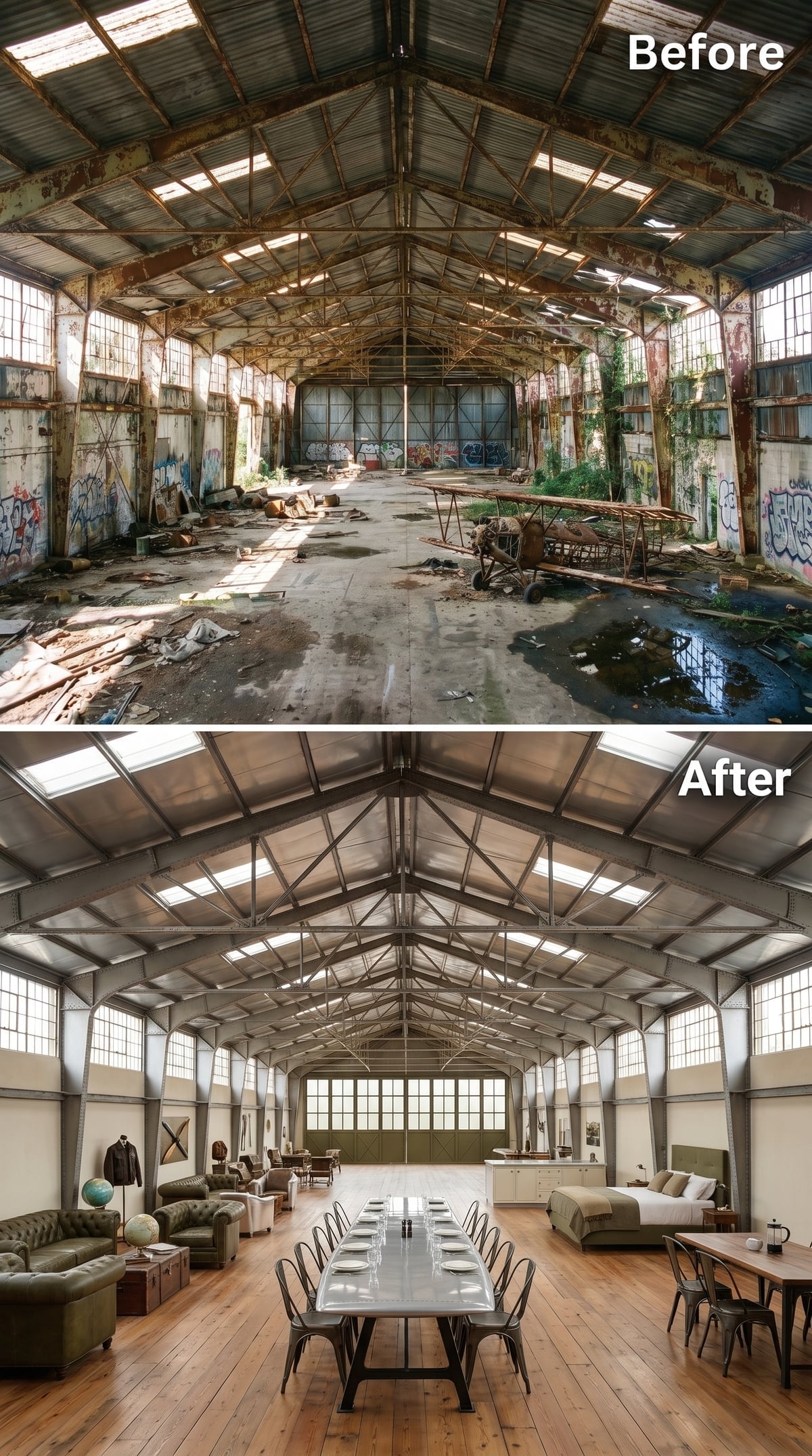 Spacious hangar loft with exposed steel trusses, oak flooring, green Chesterfield seating, dining table and sleeping area