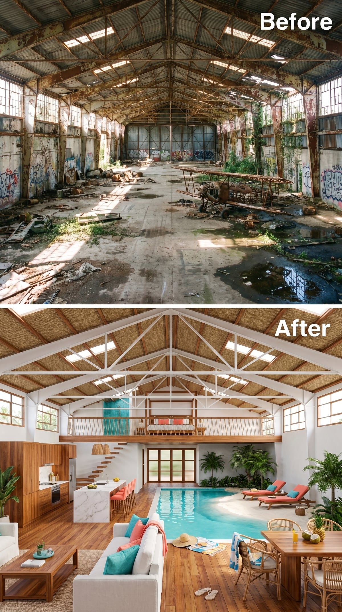 Tropical hangar loft with central indoor pool, rattan ceiling panels and coral seating