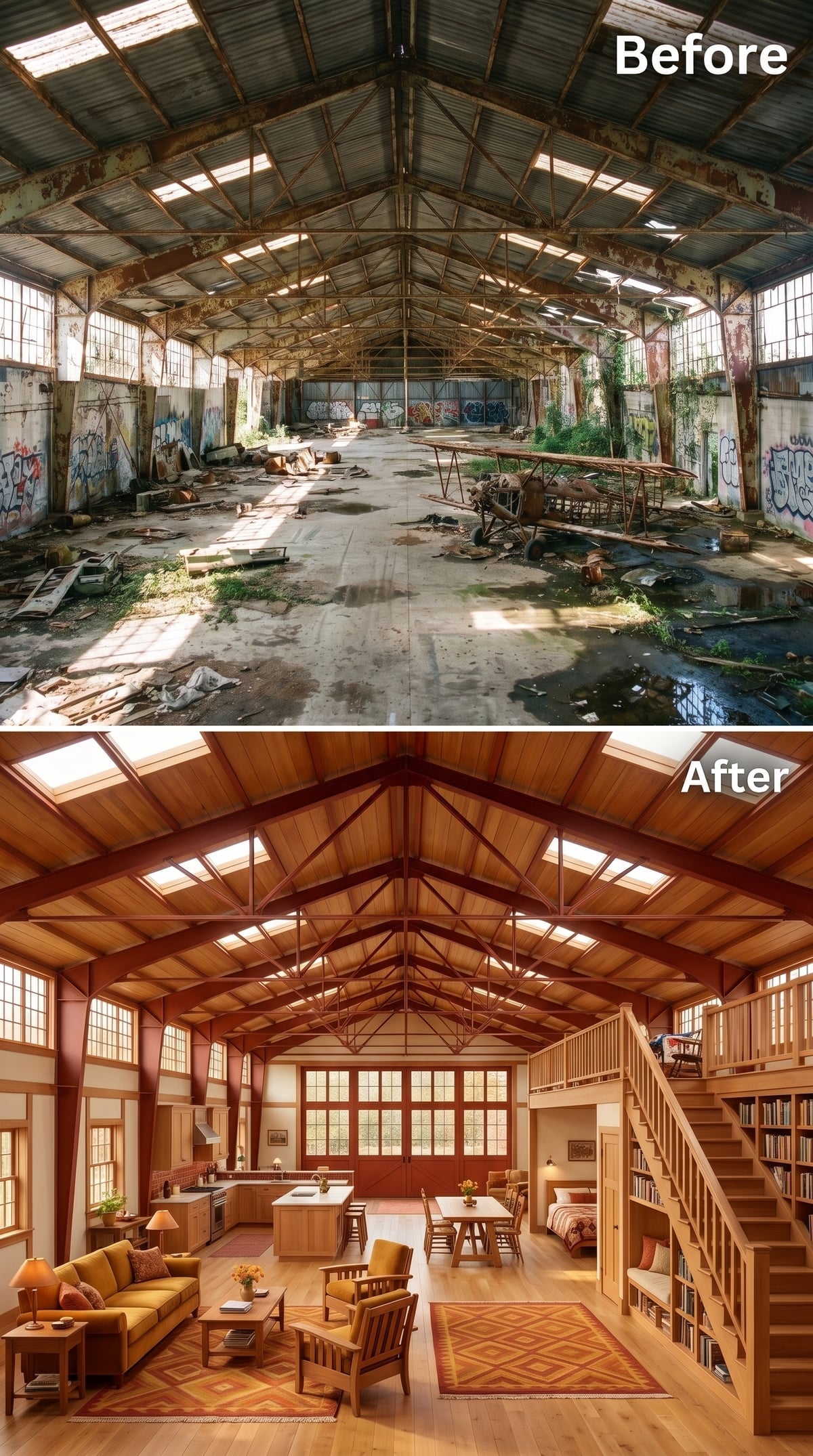 Wood-lined hangar loft with built-in library staircase, warm timber ceiling and mezzanine bedroom