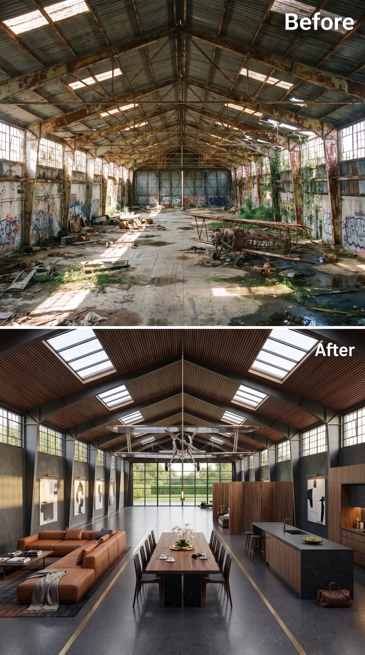 Warm timber hangar interior with long dining table, leather sectional and skylit vaulted ceiling