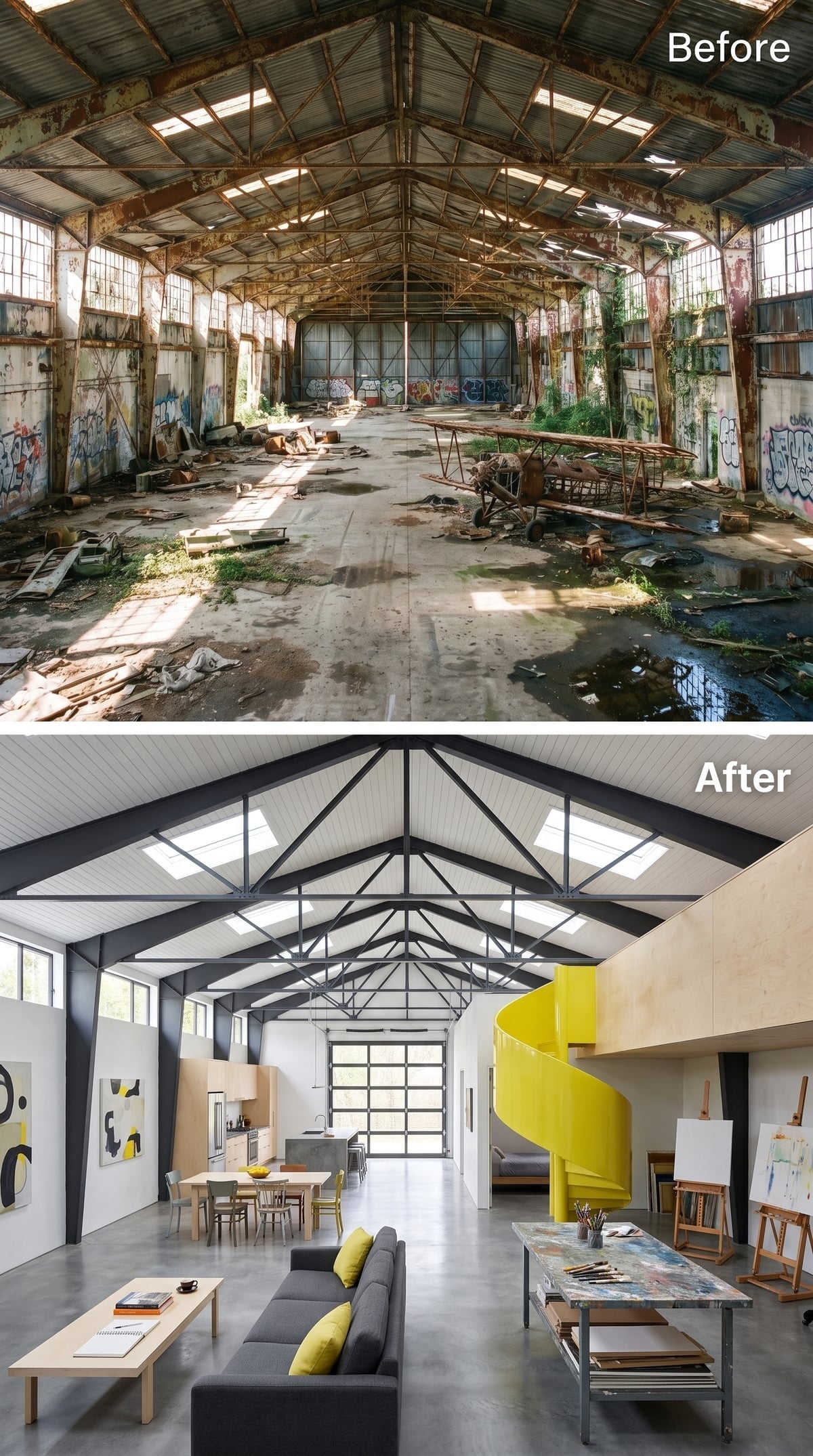 Artist's hangar studio with bright yellow spiral staircase, polished concrete and easels