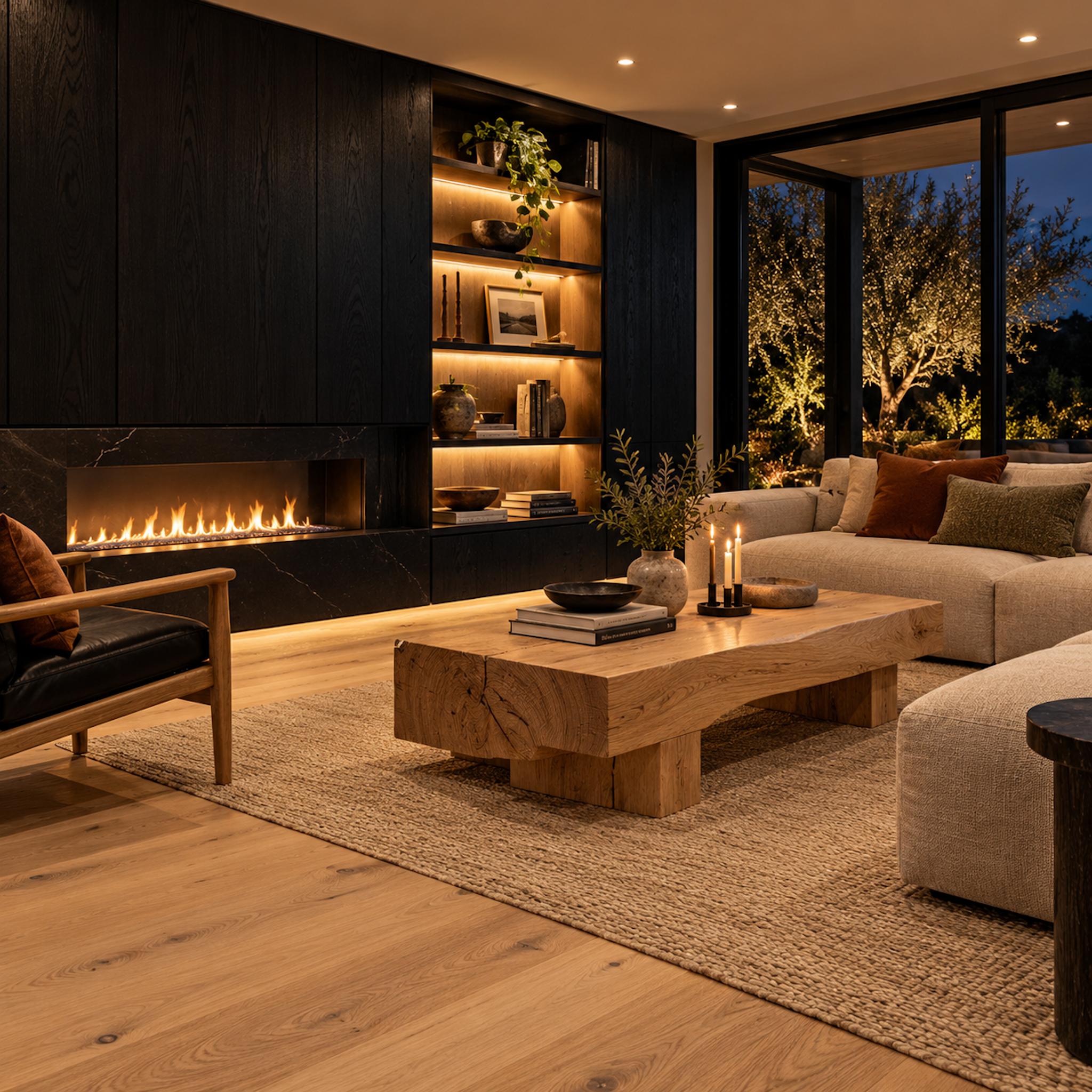 Contemporary living room with blackened oak cabinetry, pale natural oak flooring, sculptural oak coffee table, and a linear fireplace