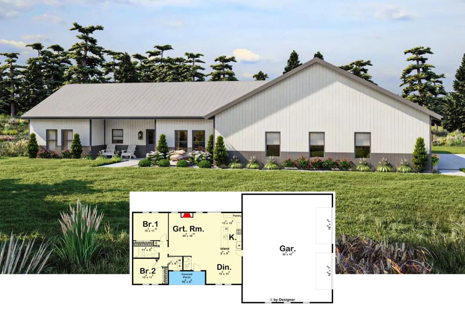 Check Out The Wakefield 2-Bedroom Barndo-Style House Plan with 4-Car Garage (1,458 Sq. Ft. Floor Plan)