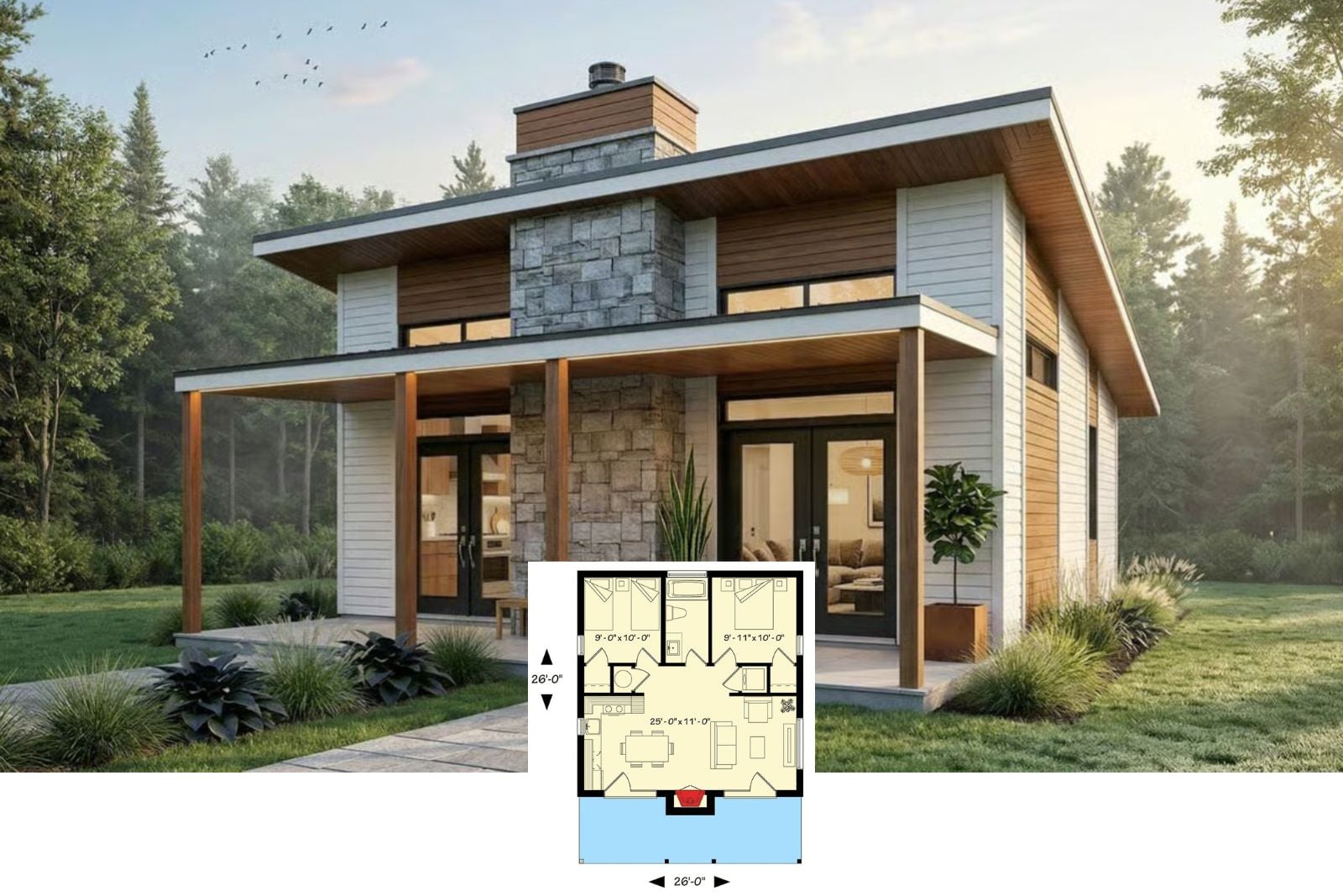 Skyward Shed 2-Bedroom Contemporary Vacation Retreat House Plan with Covered Front Porch (686 Sq. Ft. Floor Plan)
