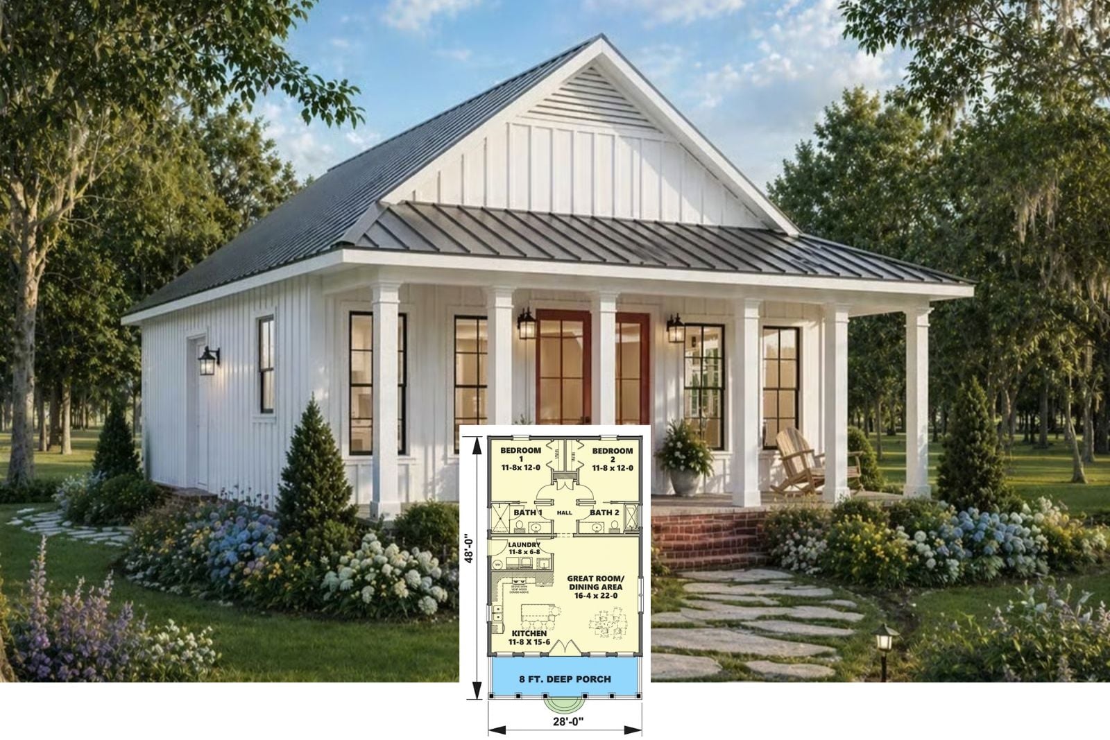 Garden Gate 2-Bedroom Cottage House Plan with Covered Front Porch (1,120 Sq. Ft. Floor Plan)