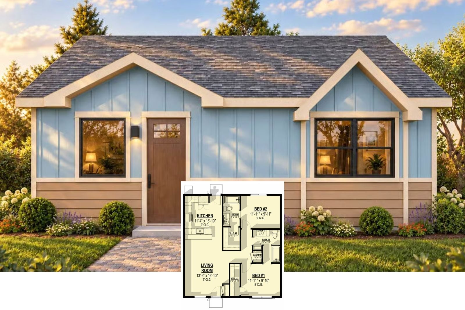 Bluebird Bungalow 2-Bedroom Craftsman House Plan with Open-Concept Living (950 Sq. Ft. Floor Plan)