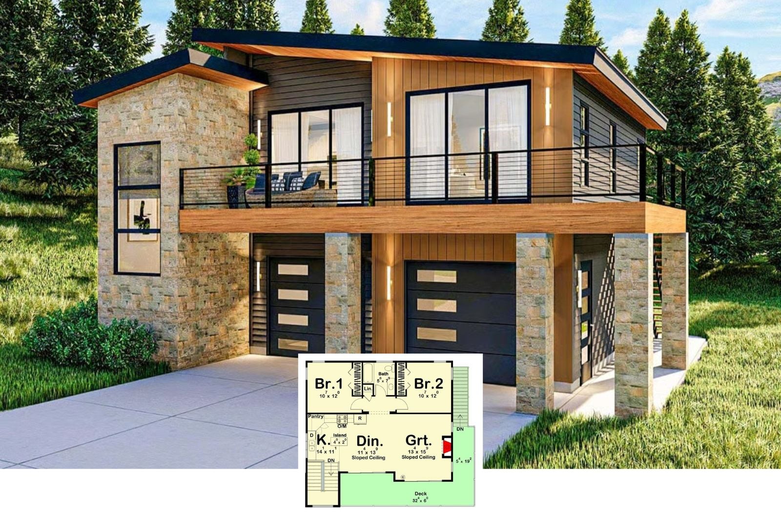 Evergreen Edge 2-Bedroom Modern Carriage House Plan with 2-Car Garage (1,227 Sq. Ft. Floor Plan)