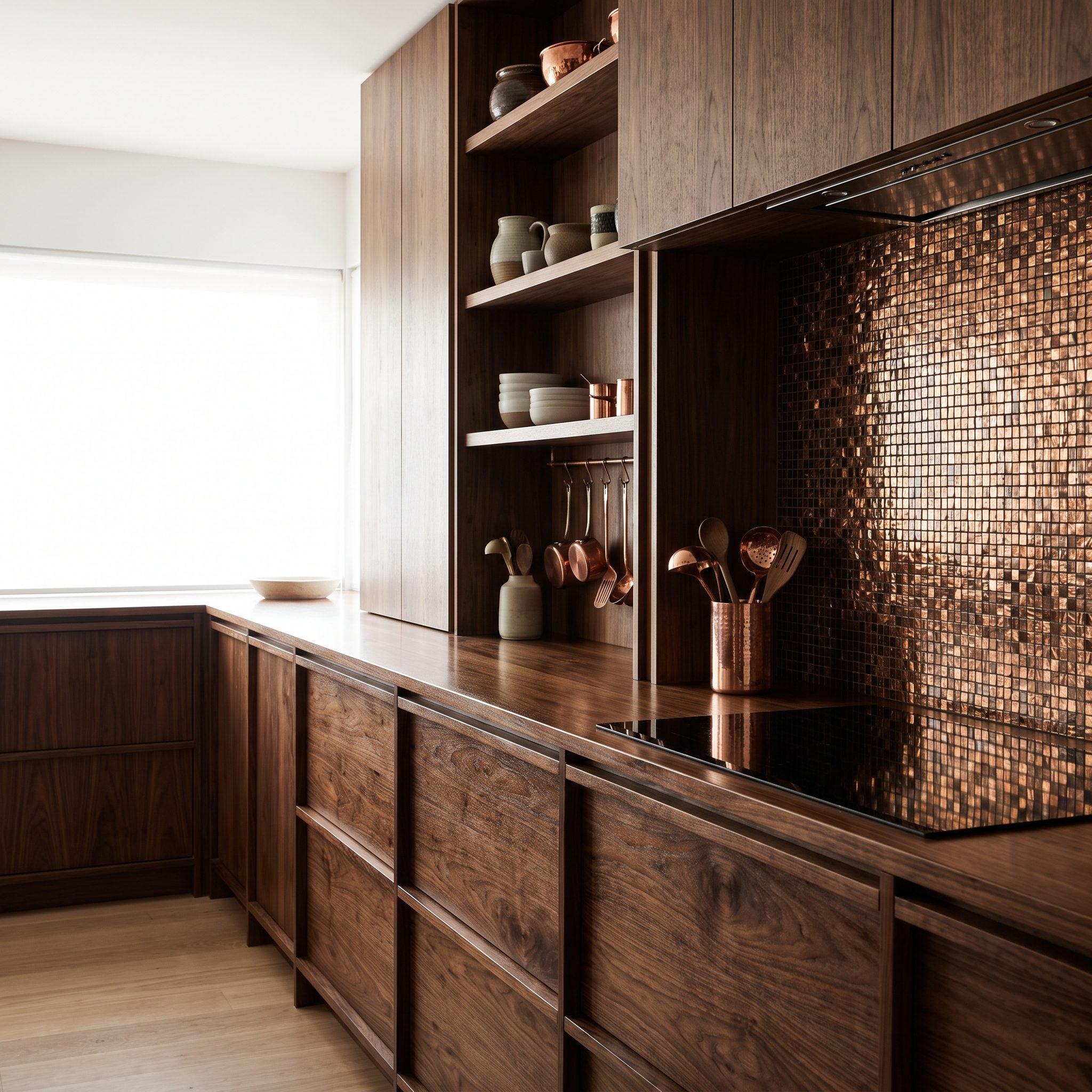 Walnut kitchen transformation replacing a busy brown-and-copper mosaic with broad chalk-white porcelain backsplash panels