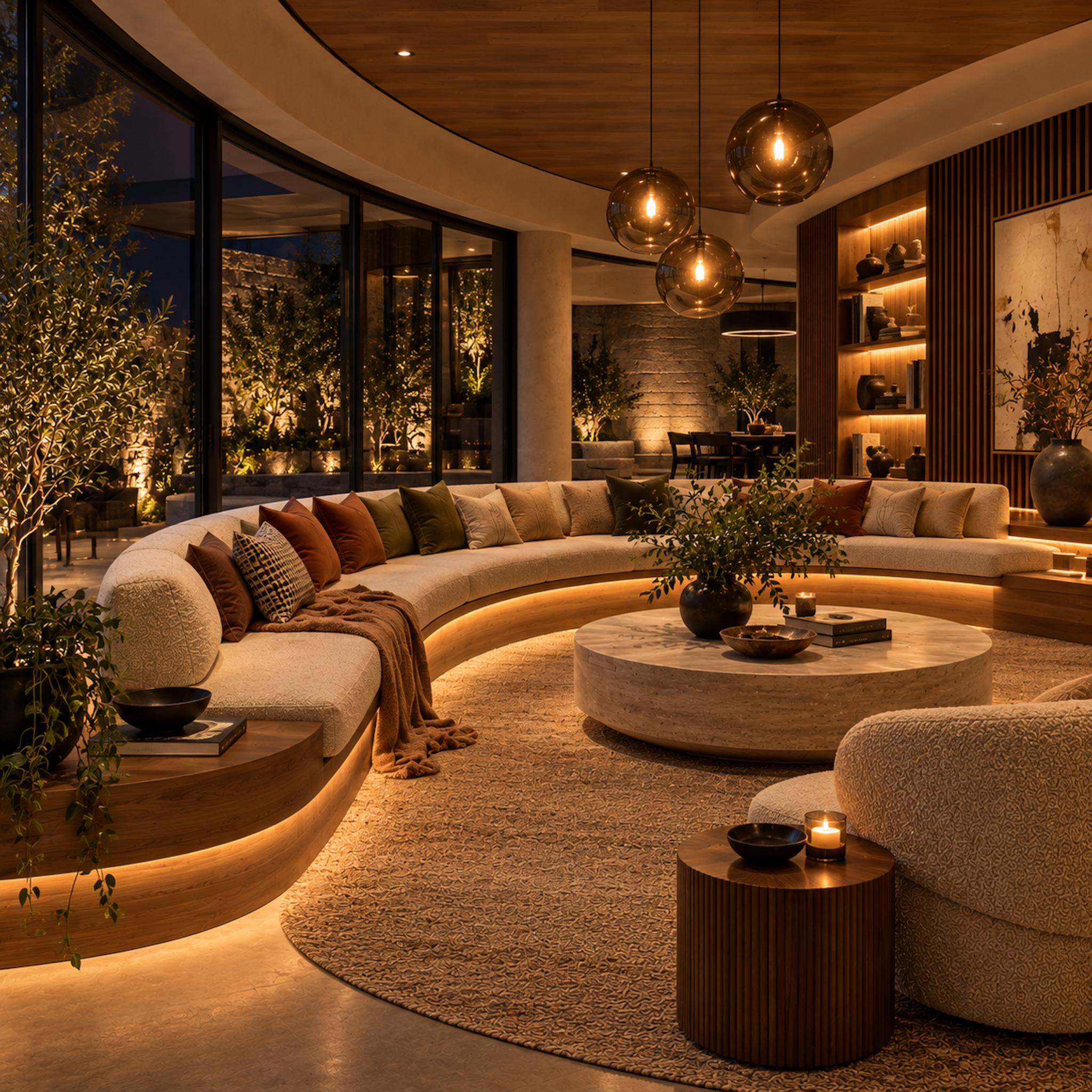 Contemporary living room with a sweeping curved glass wall, cream bouclé banquette following the curve, timber ceiling, amber pendant lights, and illuminated garden