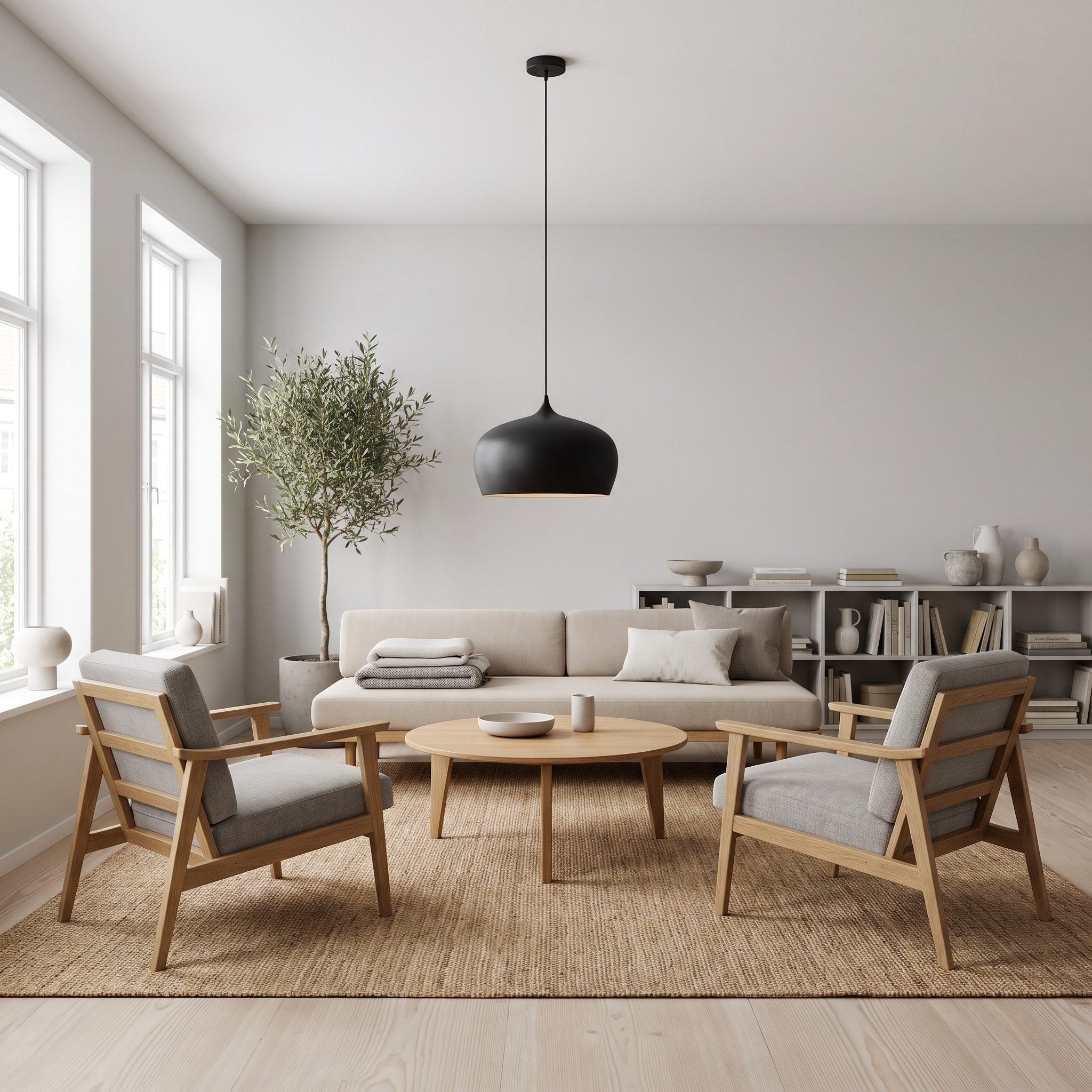 Living room where lighting is redirected from the coffee table toward the surrounding seating
