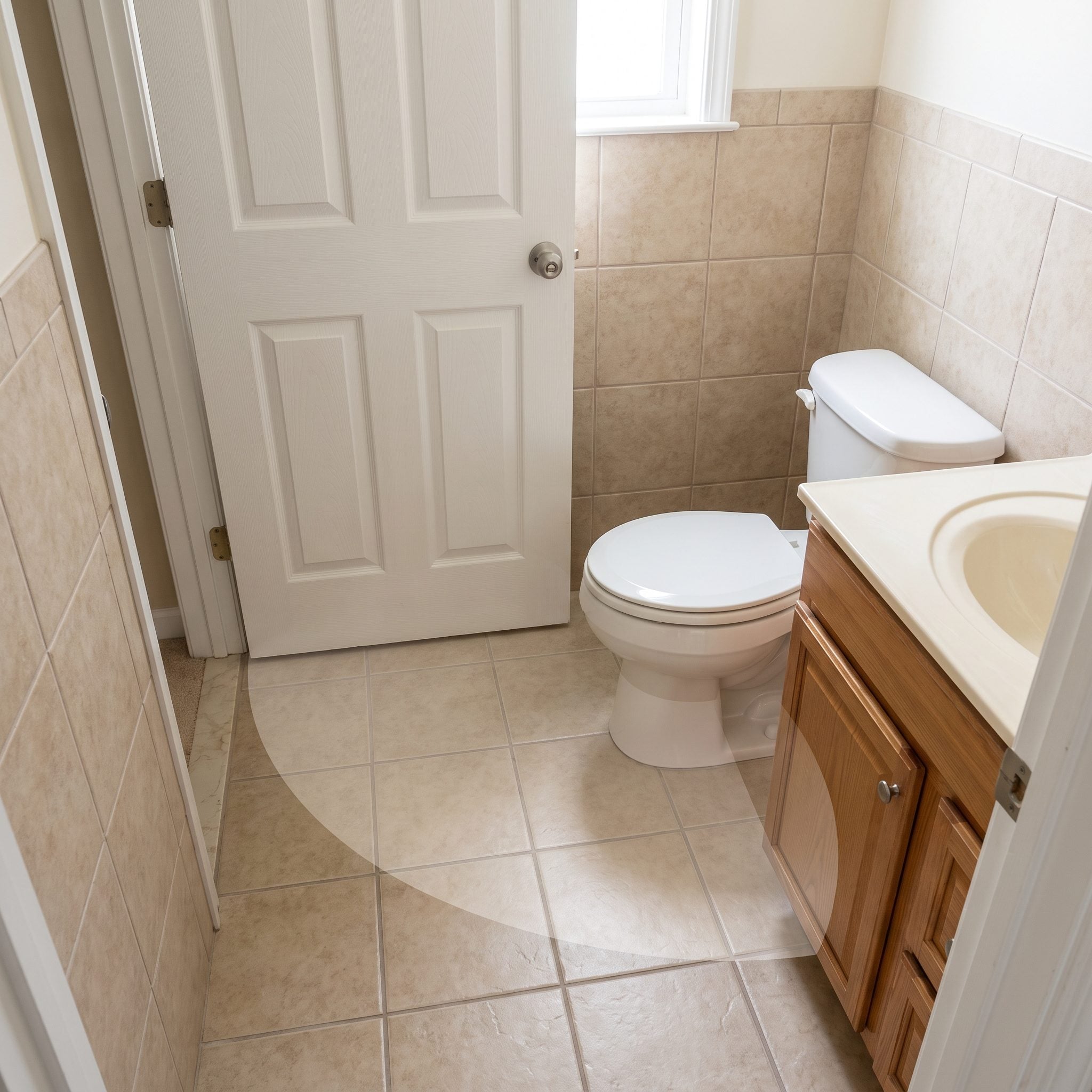 Bathroom with the entry door swinging away from the main interior floor area