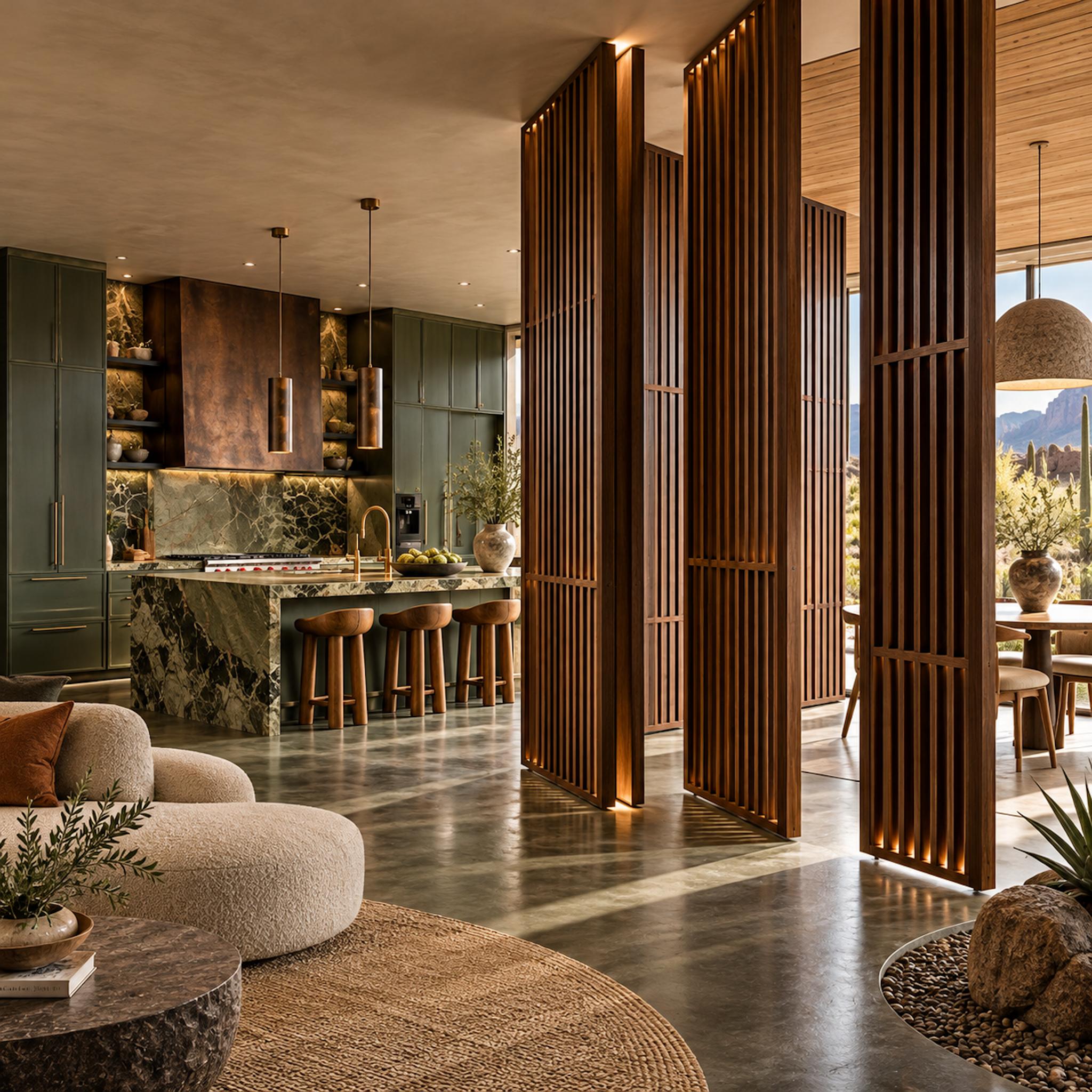 Adjustable floor-to-ceiling timber screens divide a luxurious olive-green and green marble kitchen from the living and dining areas
