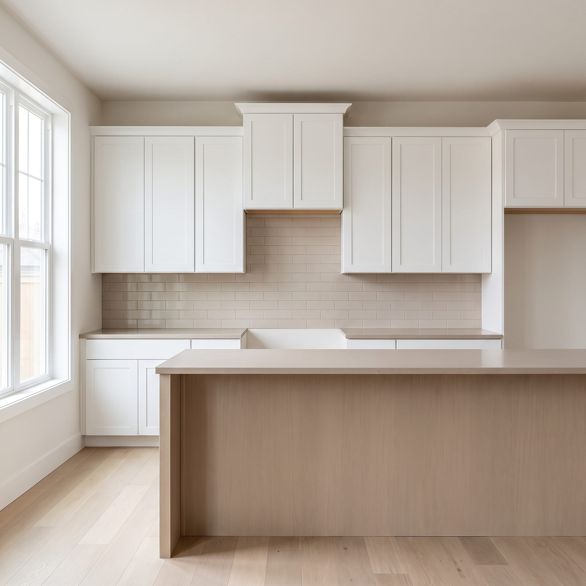 White kitchen transformed with a deep oxblood glazed-tile backsplash and brushed-nickel cabinet handles