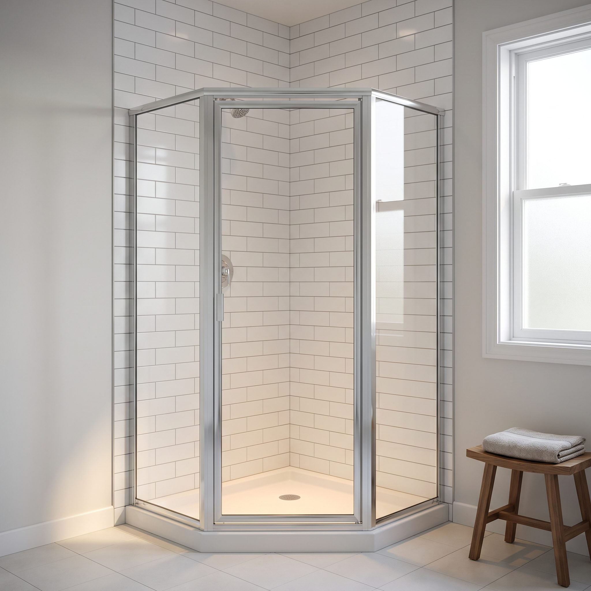 Bathroom with a neo-angle corner shower enclosed by frameless glass panels and brass-toned fixtures