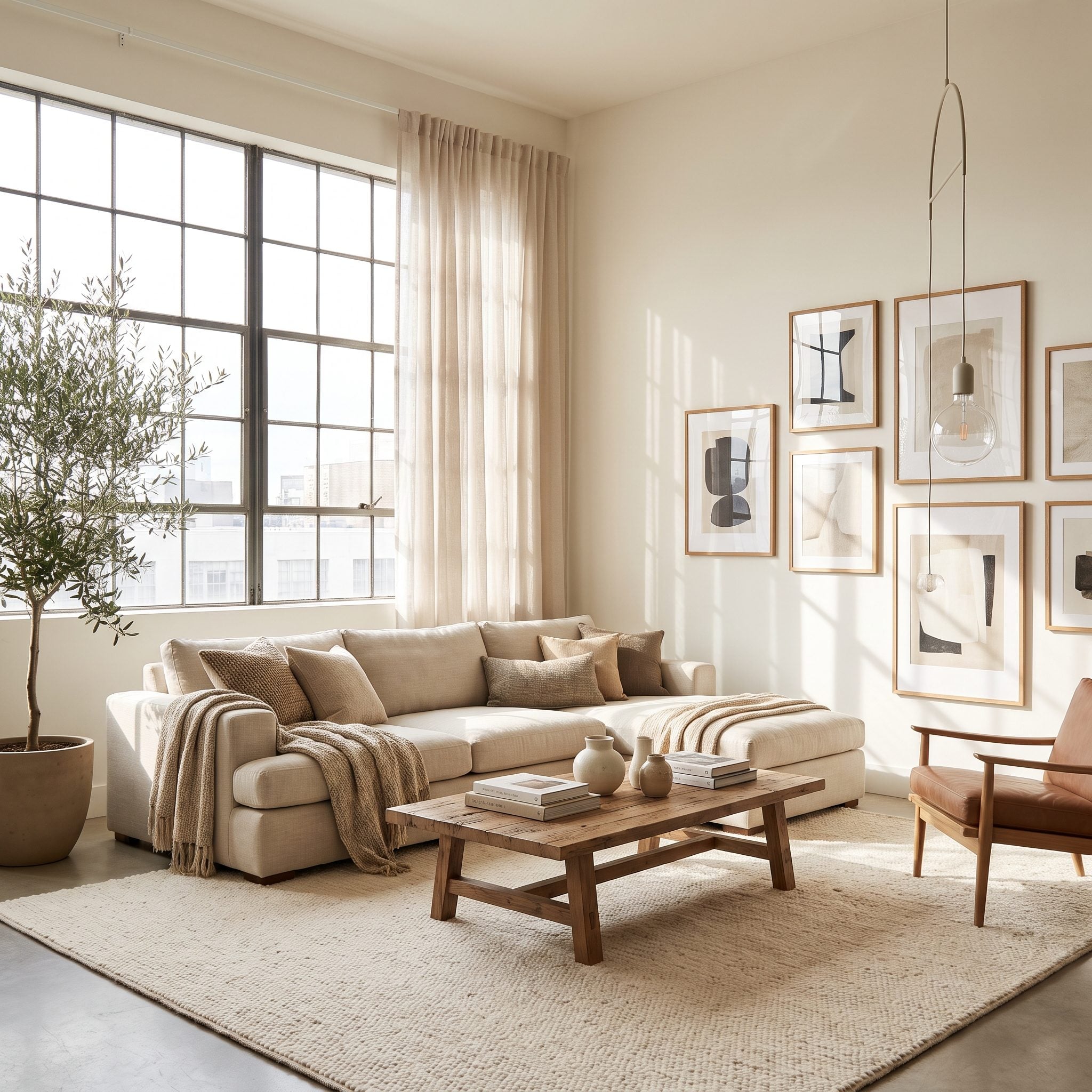 Living room illuminated by several small lamps at different heights