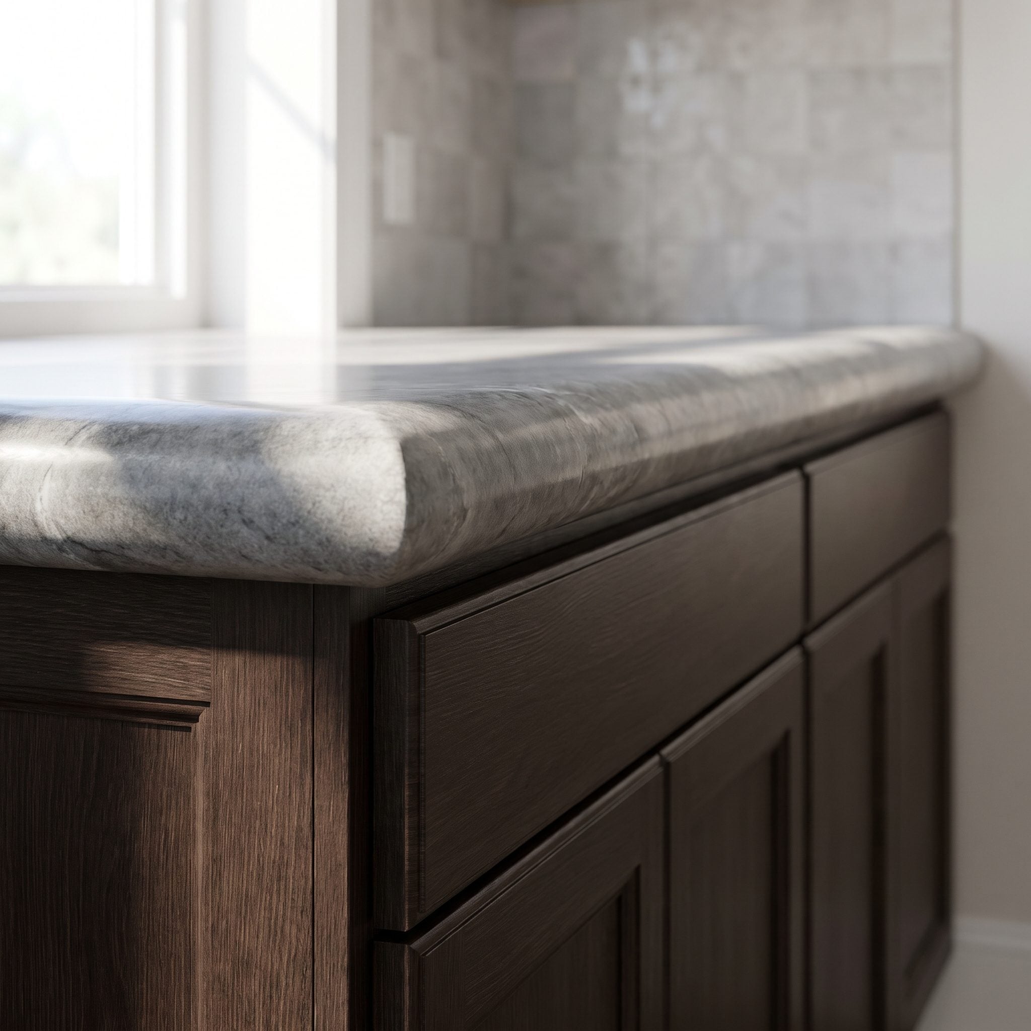 Espresso kitchen cabinets with slimmer warm-gray countertop edges and simplified matching backsplash panels