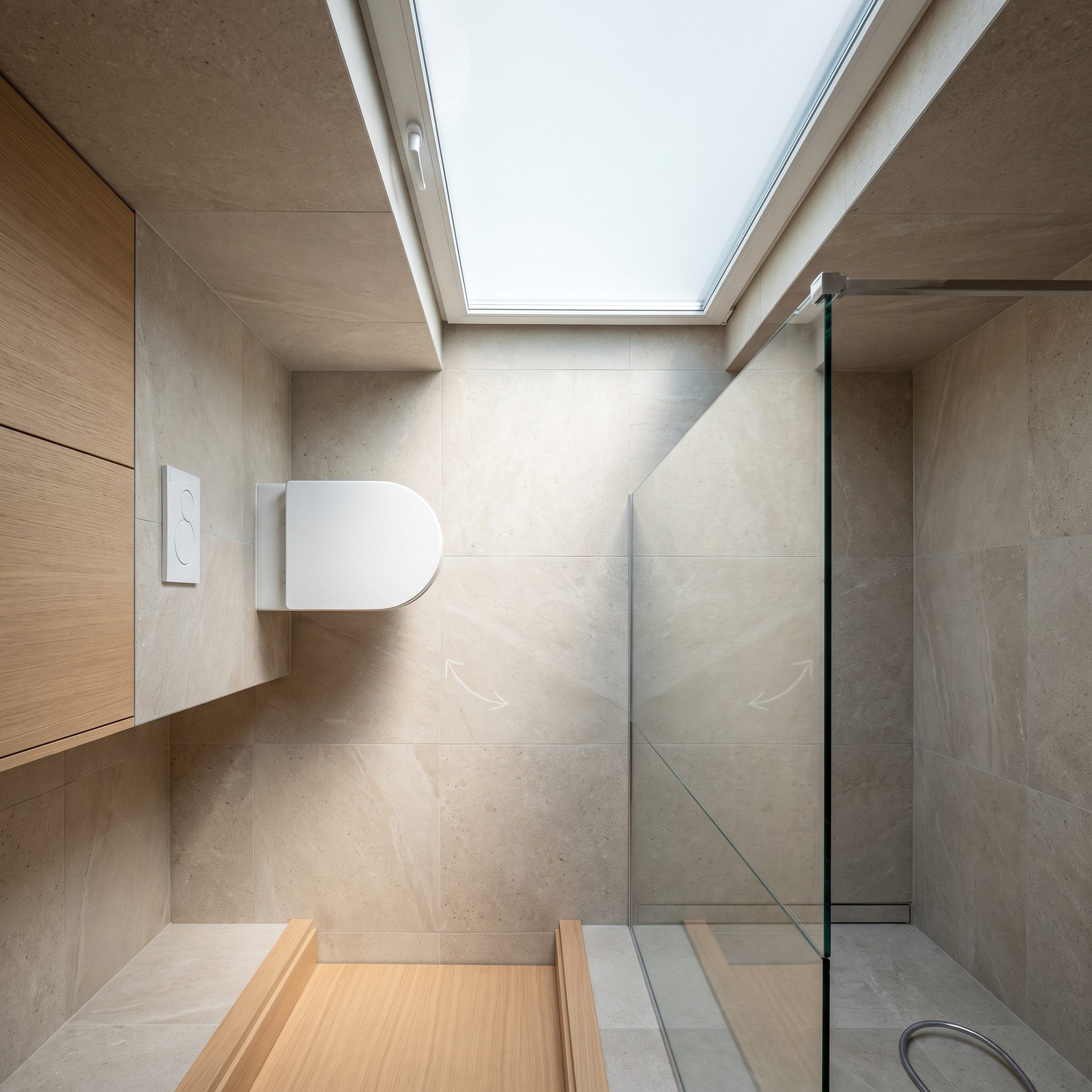 Compact white-tile bathroom with a toilet turned toward the side wall beside a wood vanity