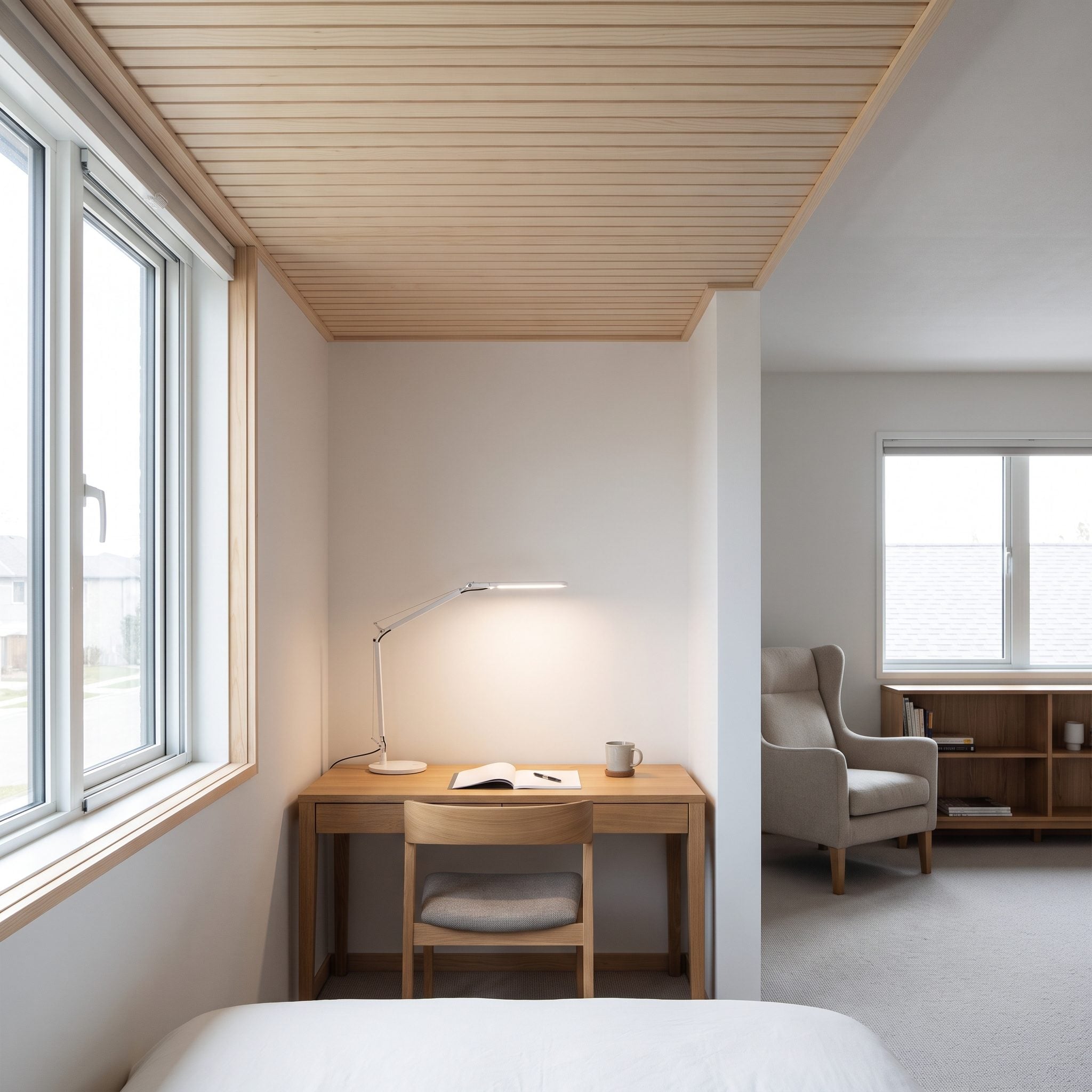 Bedroom home office with a steel-blue desk and shelving beneath a lowered section of ceiling