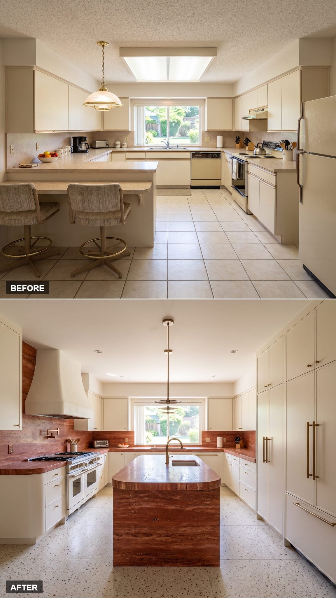 Ivory minimalist kitchen with a red travertine island