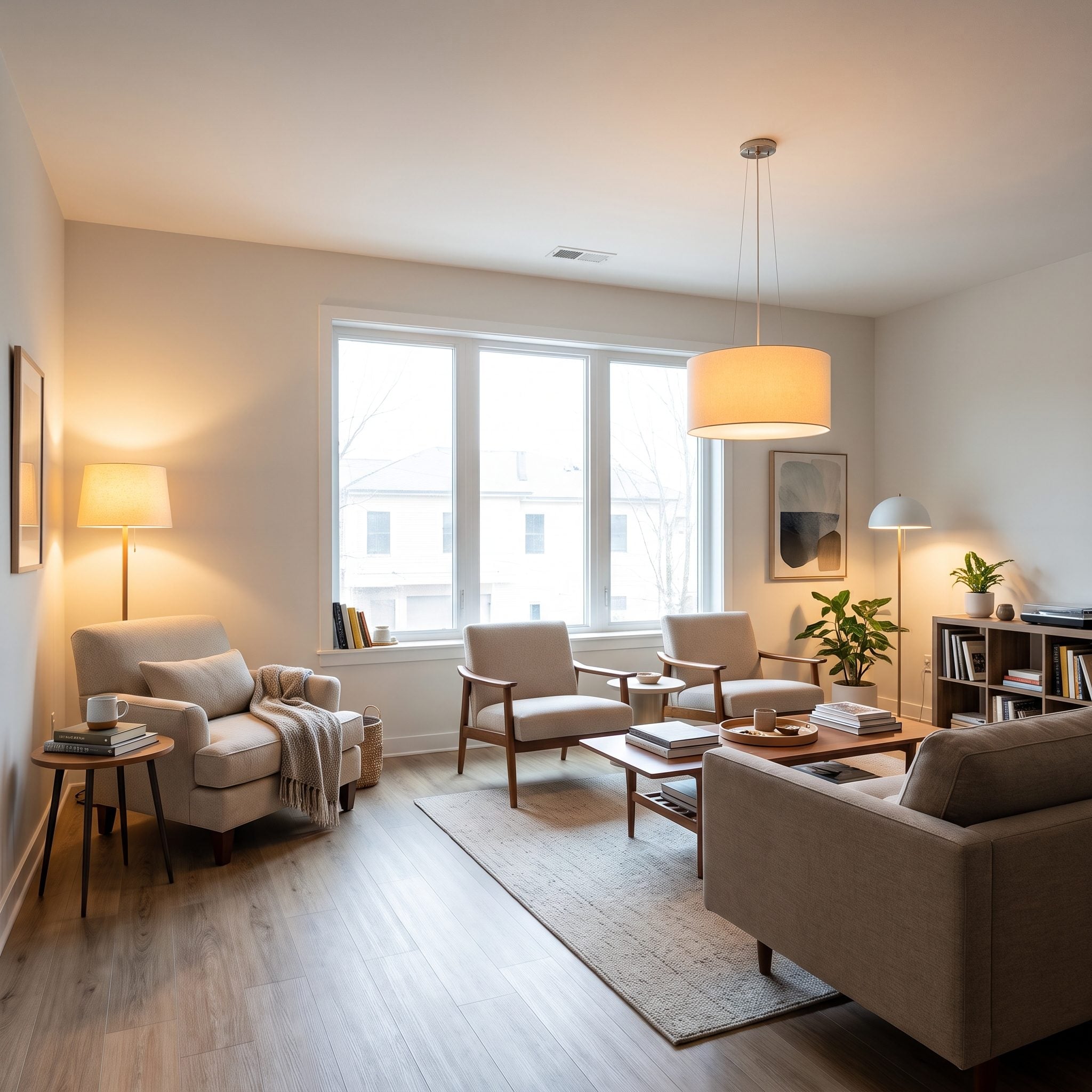 Open living room divided into separately controlled lighting zones