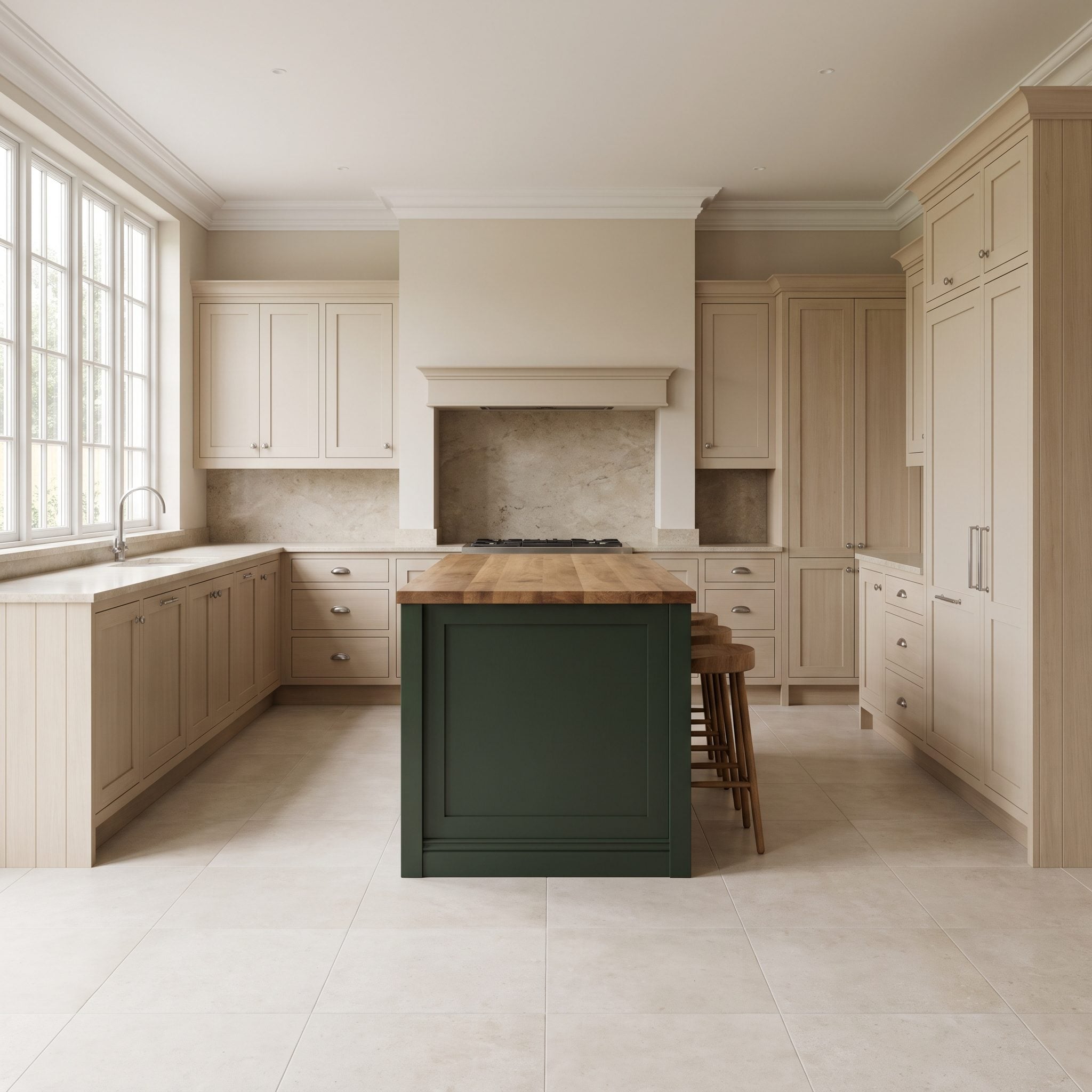 Kitchen with perimeter and peninsula cabinets repainted in a unified warm-putty color