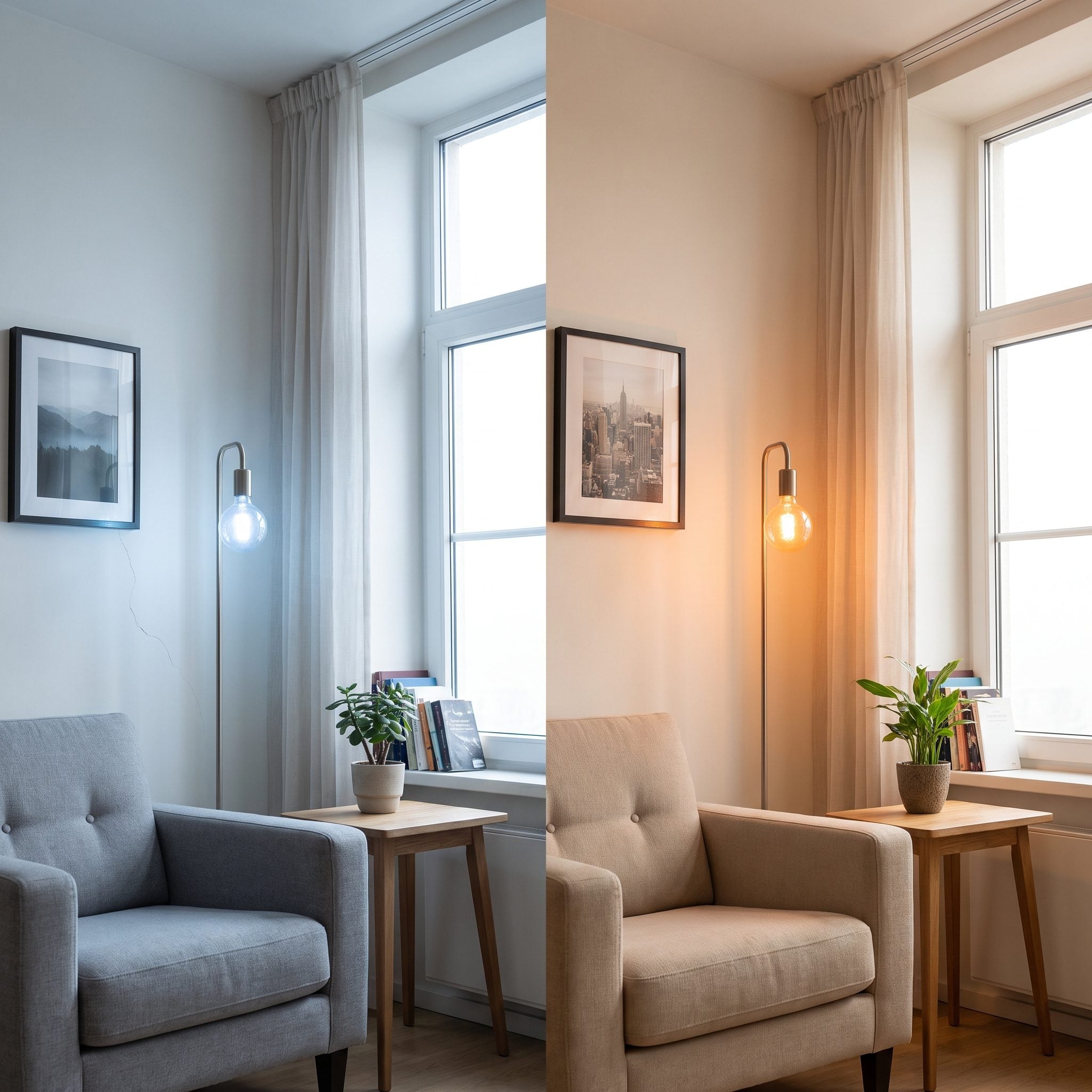 Rust-toned living room illuminated by warm 2700K lamps