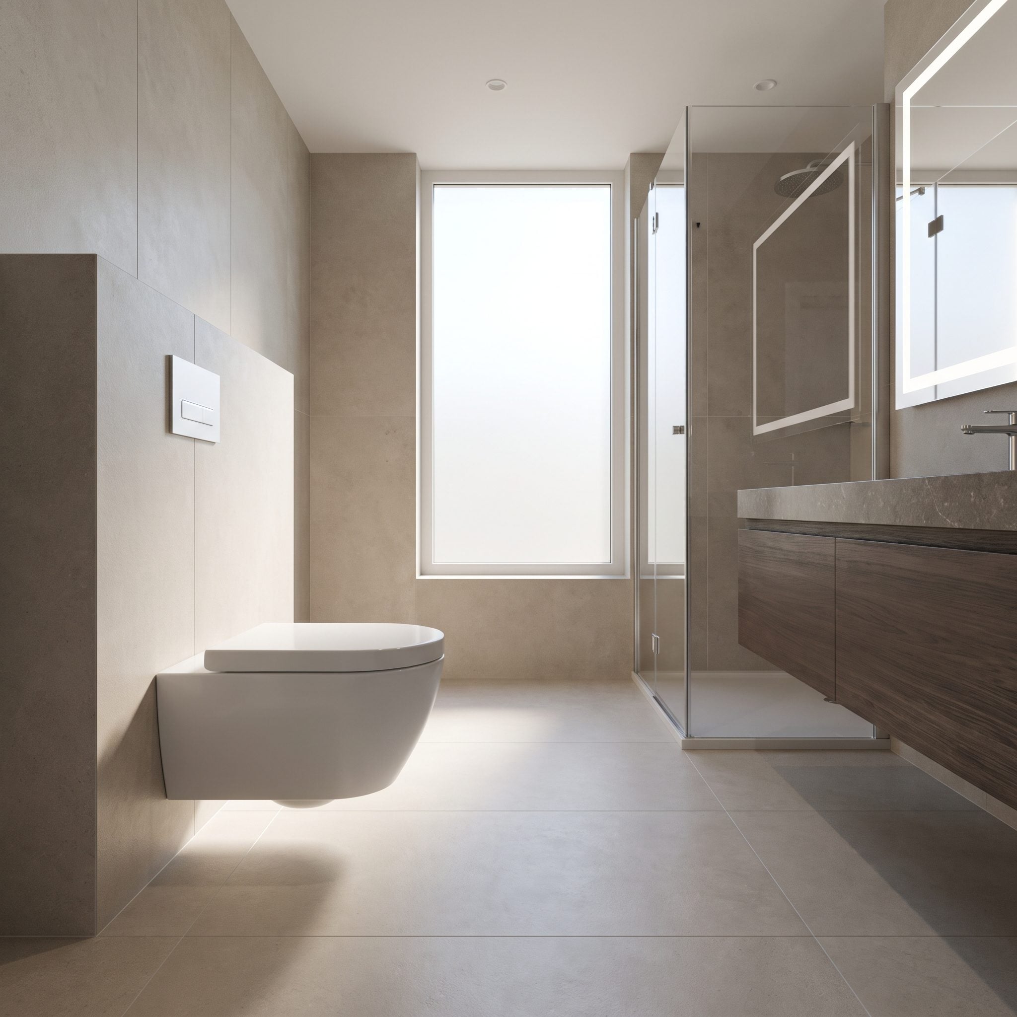 Small modern bathroom with a wall-hung toilet floating above continuous charcoal floor tile