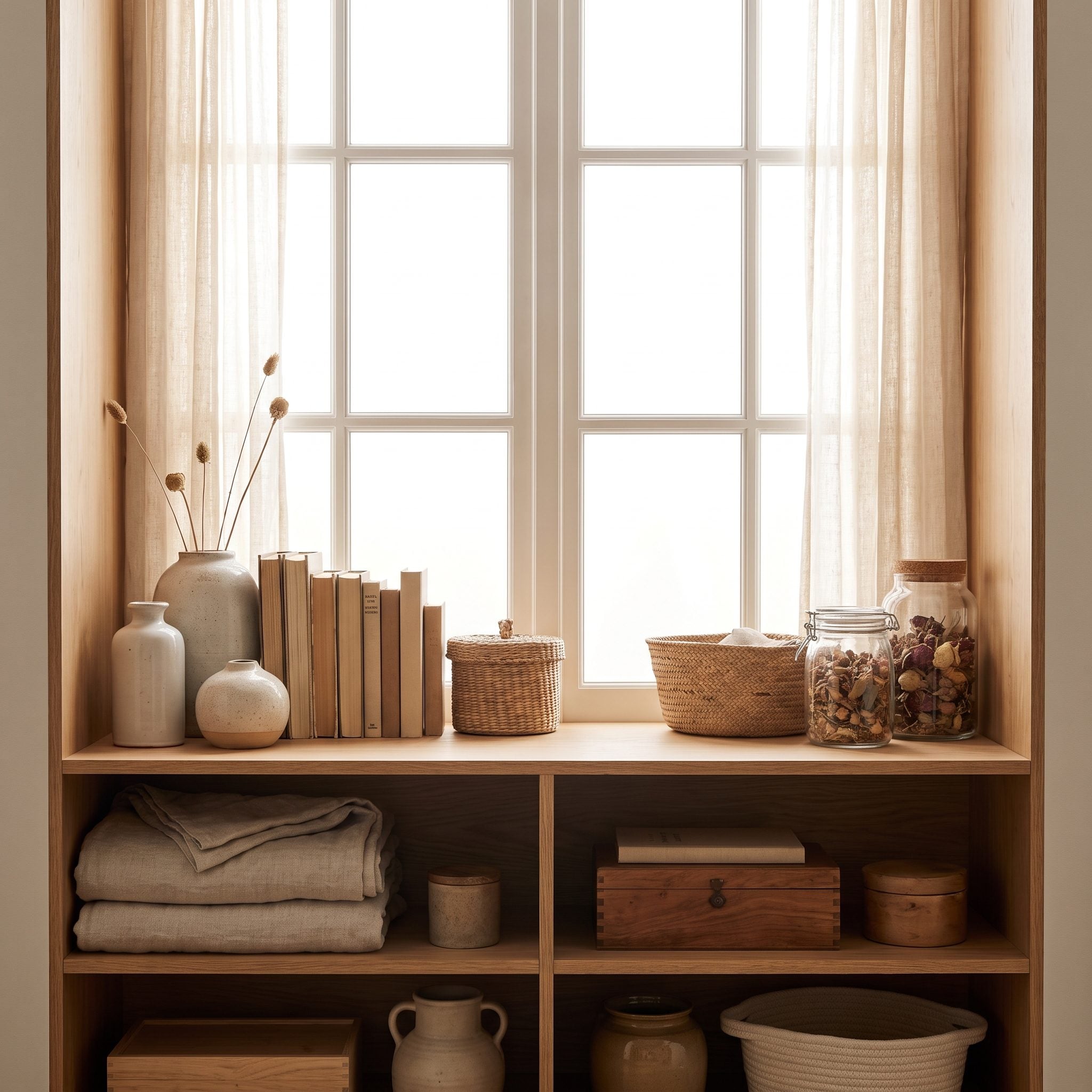 Bedroom with a deep window sill used as a display ledge above a low walnut storage cabinet