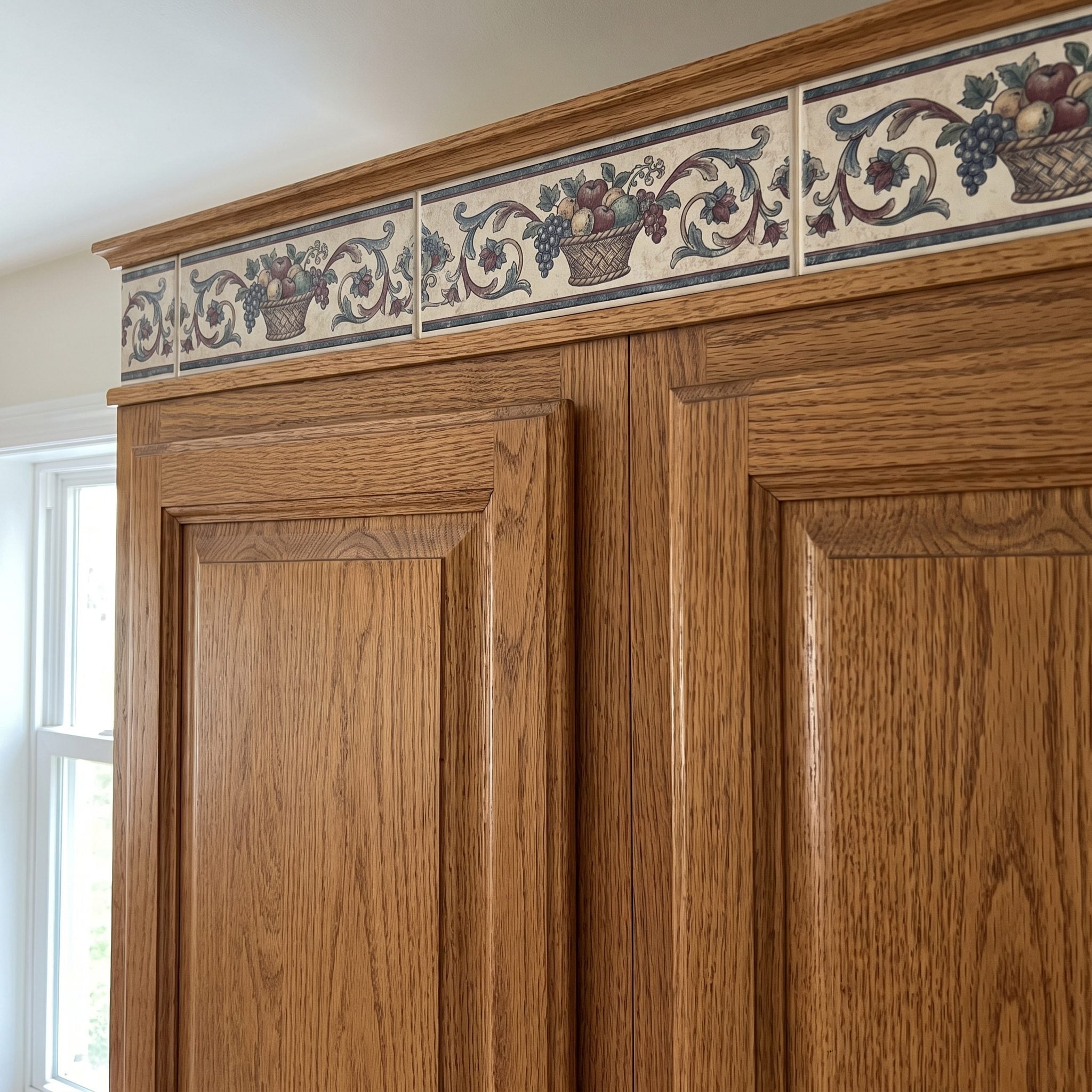 Oak kitchen updated with elongated matte off-white backsplash tile and a blackened-steel range hood
