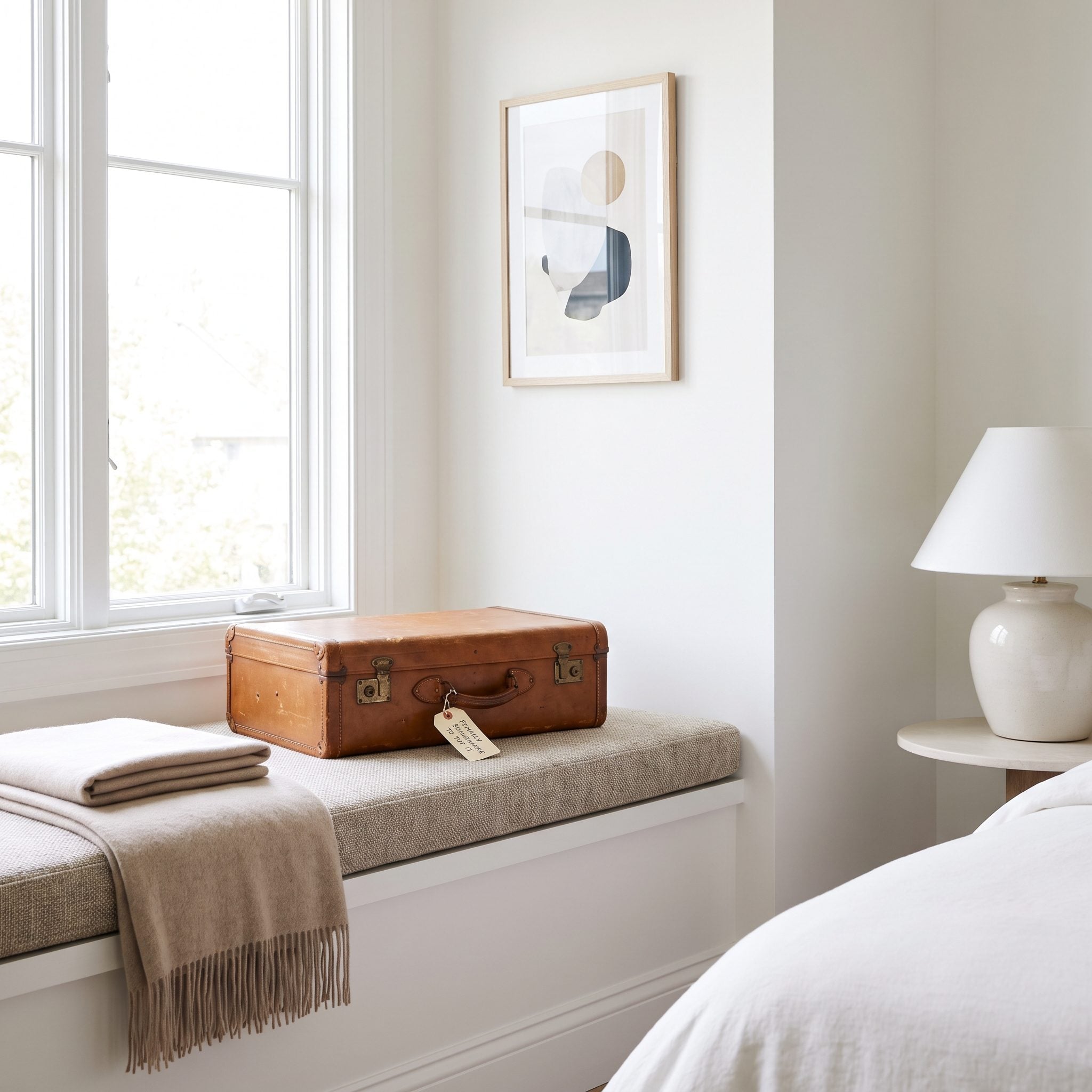 Guest bedroom with a built-in luggage bench and storage drawers beside a wall projection
