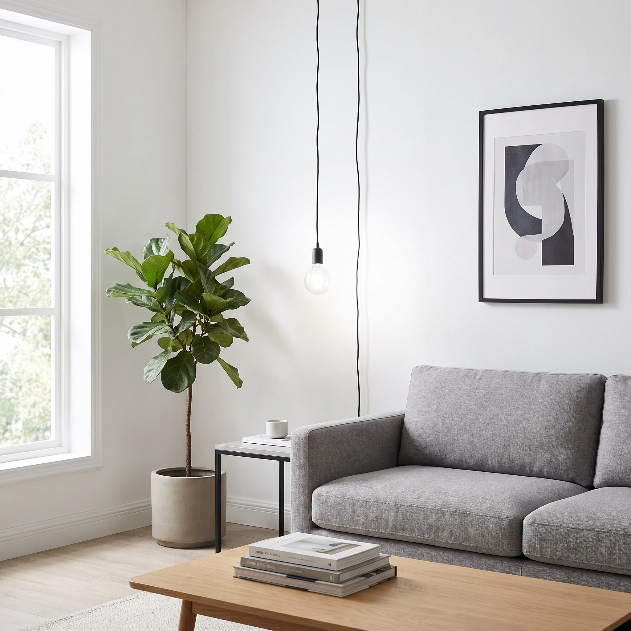Living room using shades and diffusers to soften glare from bright bulbs