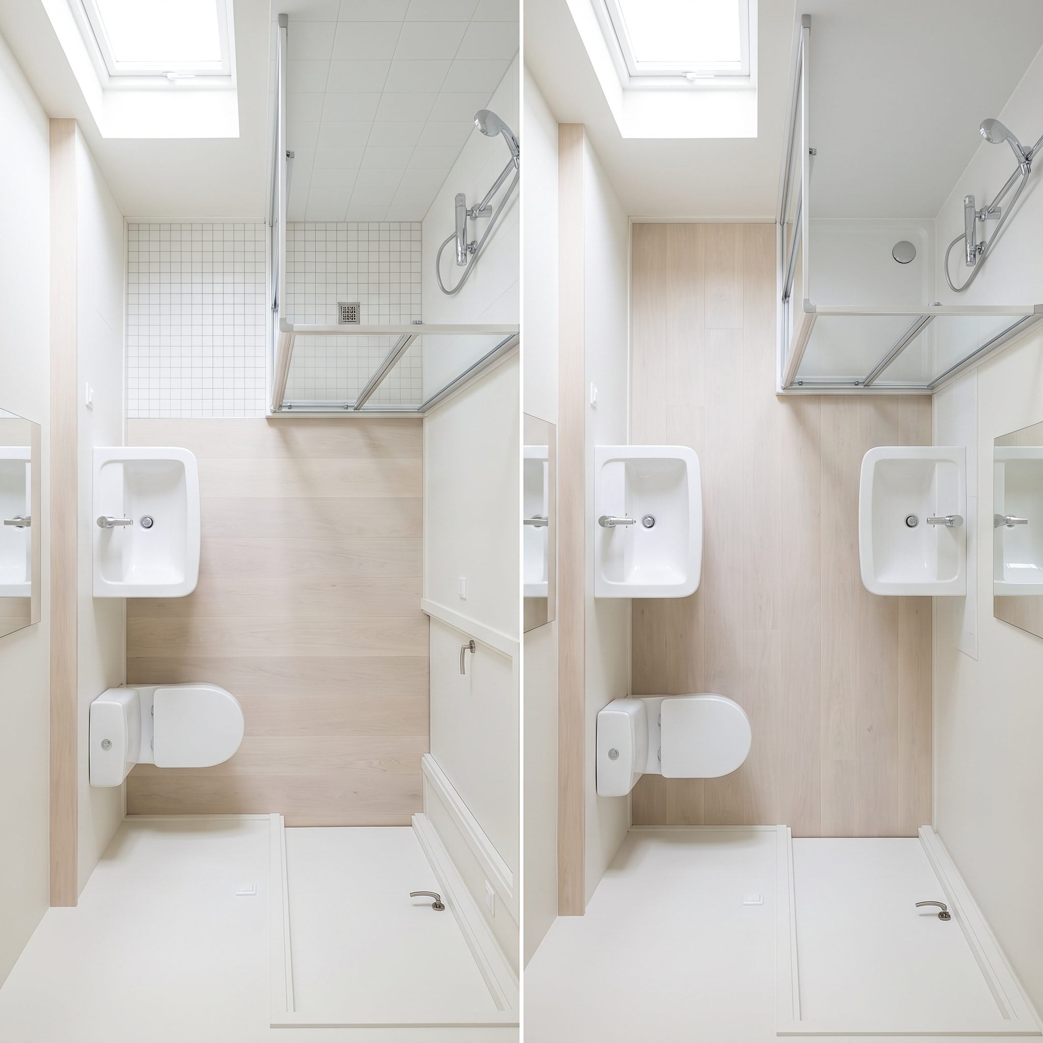 Rectangular bathroom with vanity, toilet and shower arranged in a clear sequence along one wall