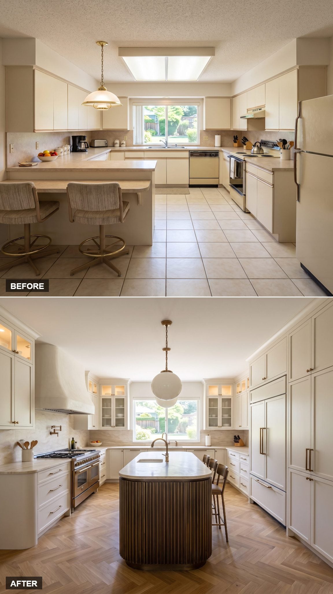 Warm white kitchen cabinetry with a sculptural bronze island