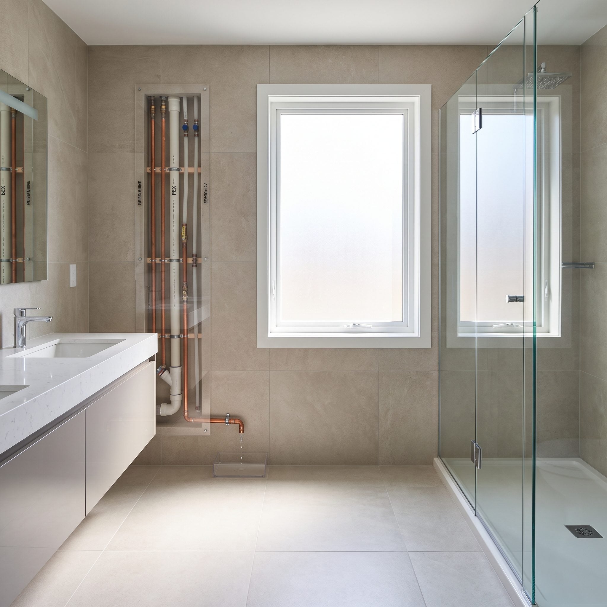 Bright bathroom with sink, toilet and shower grouped along one plumbing wall