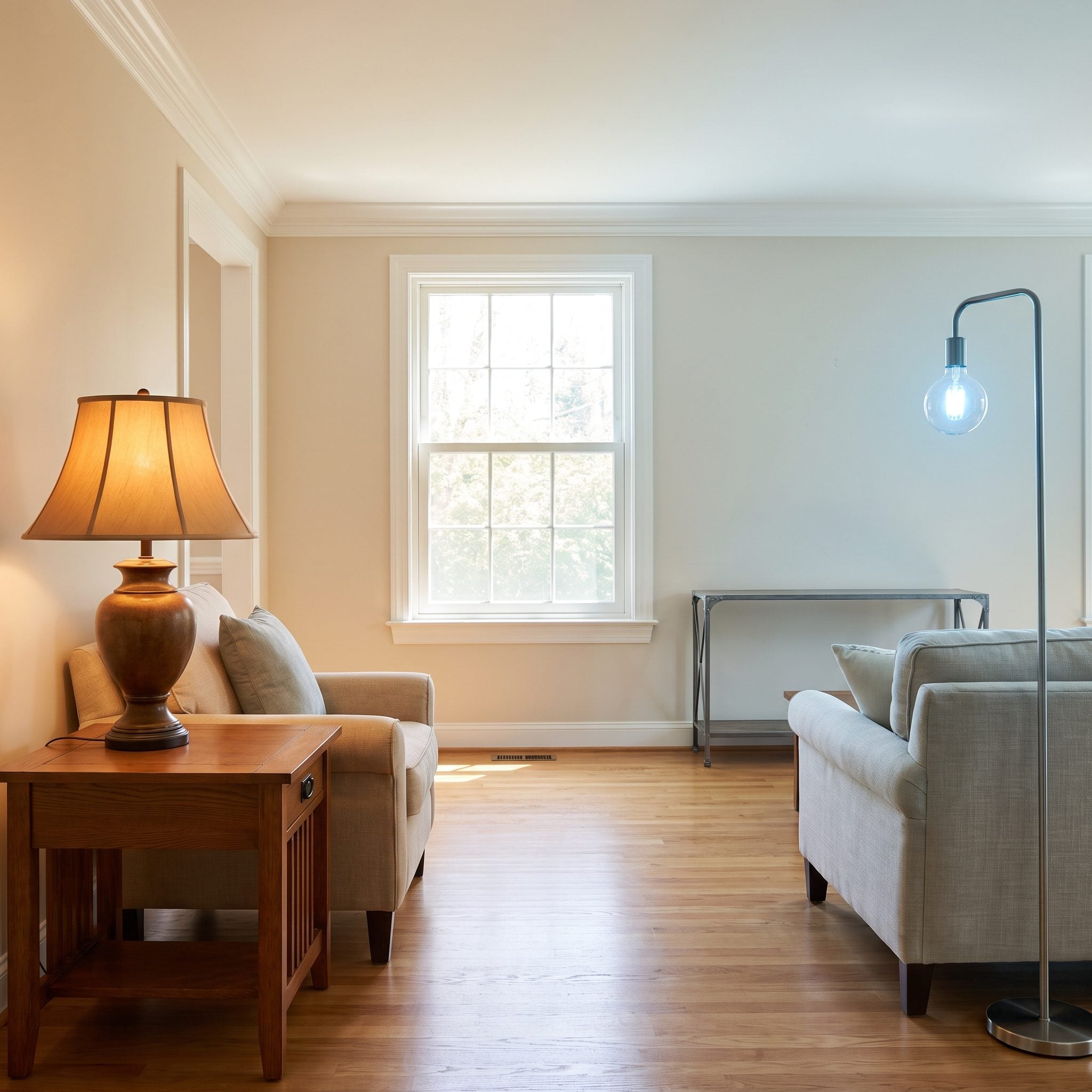 Sage living room with multiple lamps using a consistent warm color temperature