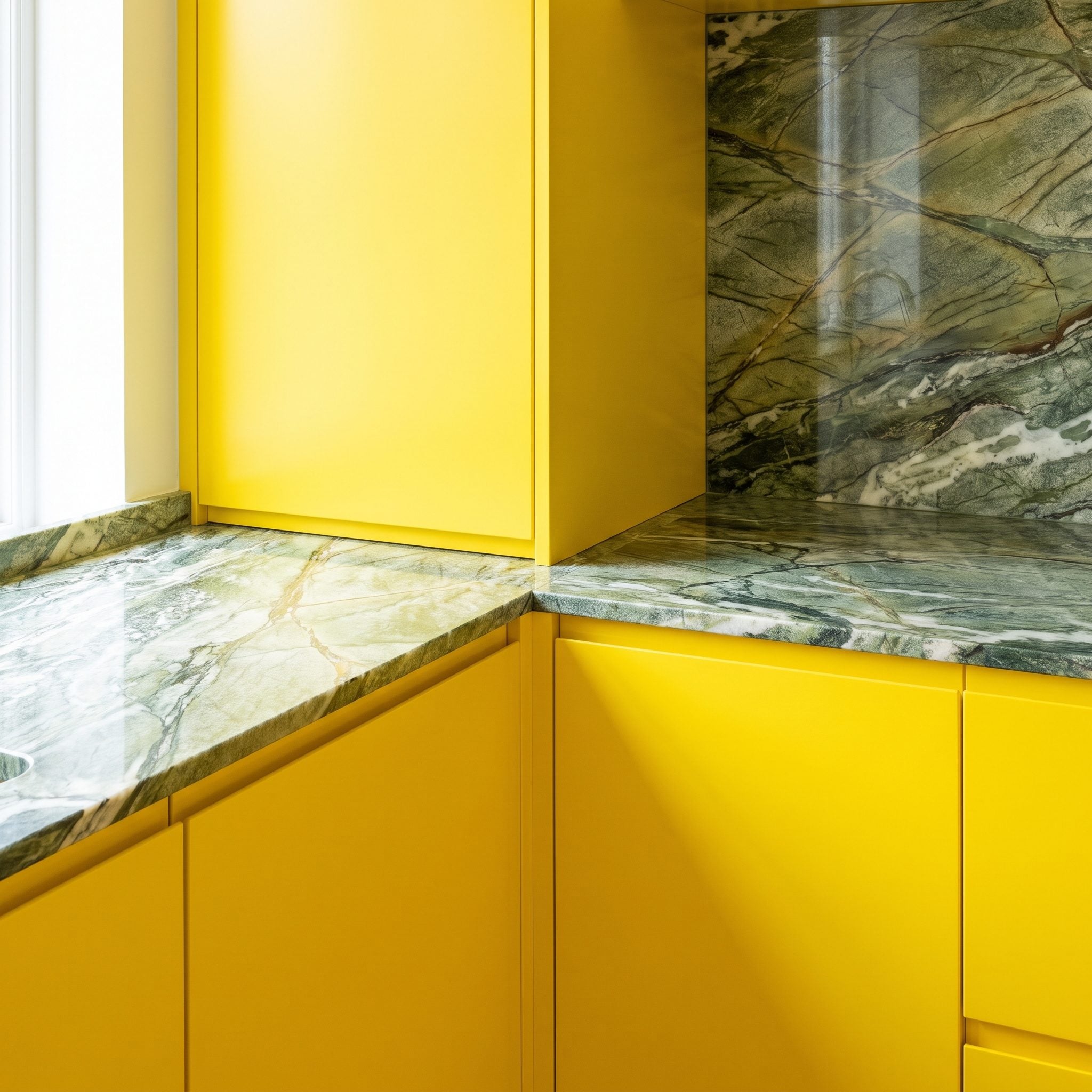 Kitchen cabinets repainted muted eucalyptus to complement existing green-veined quartzite countertops
