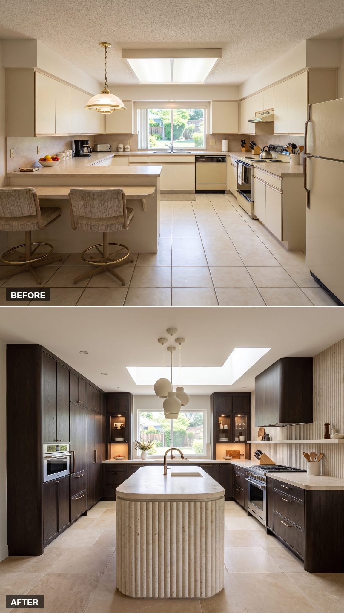 Espresso oak kitchen with a fluted limestone island