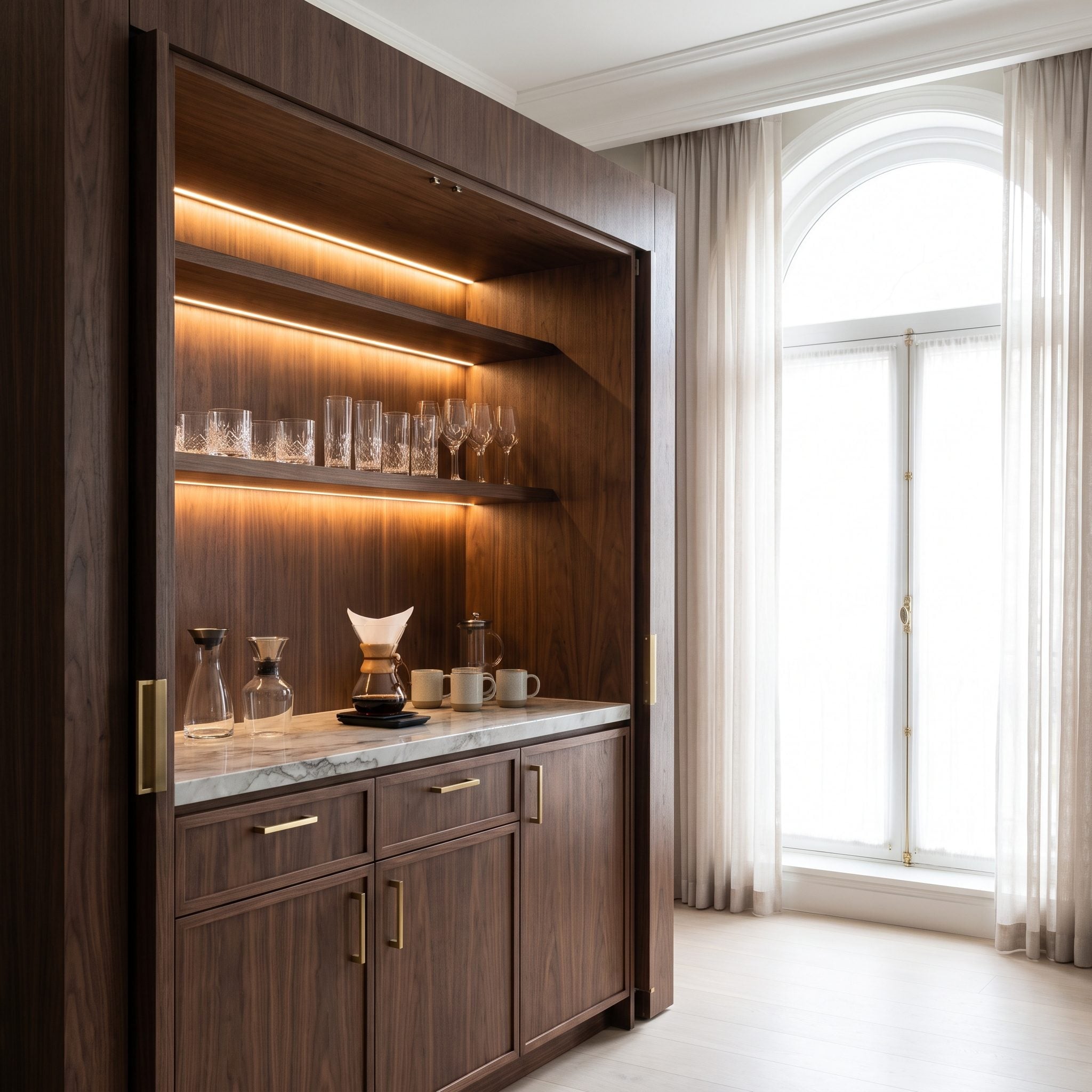 Bedroom refreshment station recessed behind a projecting wall with walnut cabinetry and an espresso machine