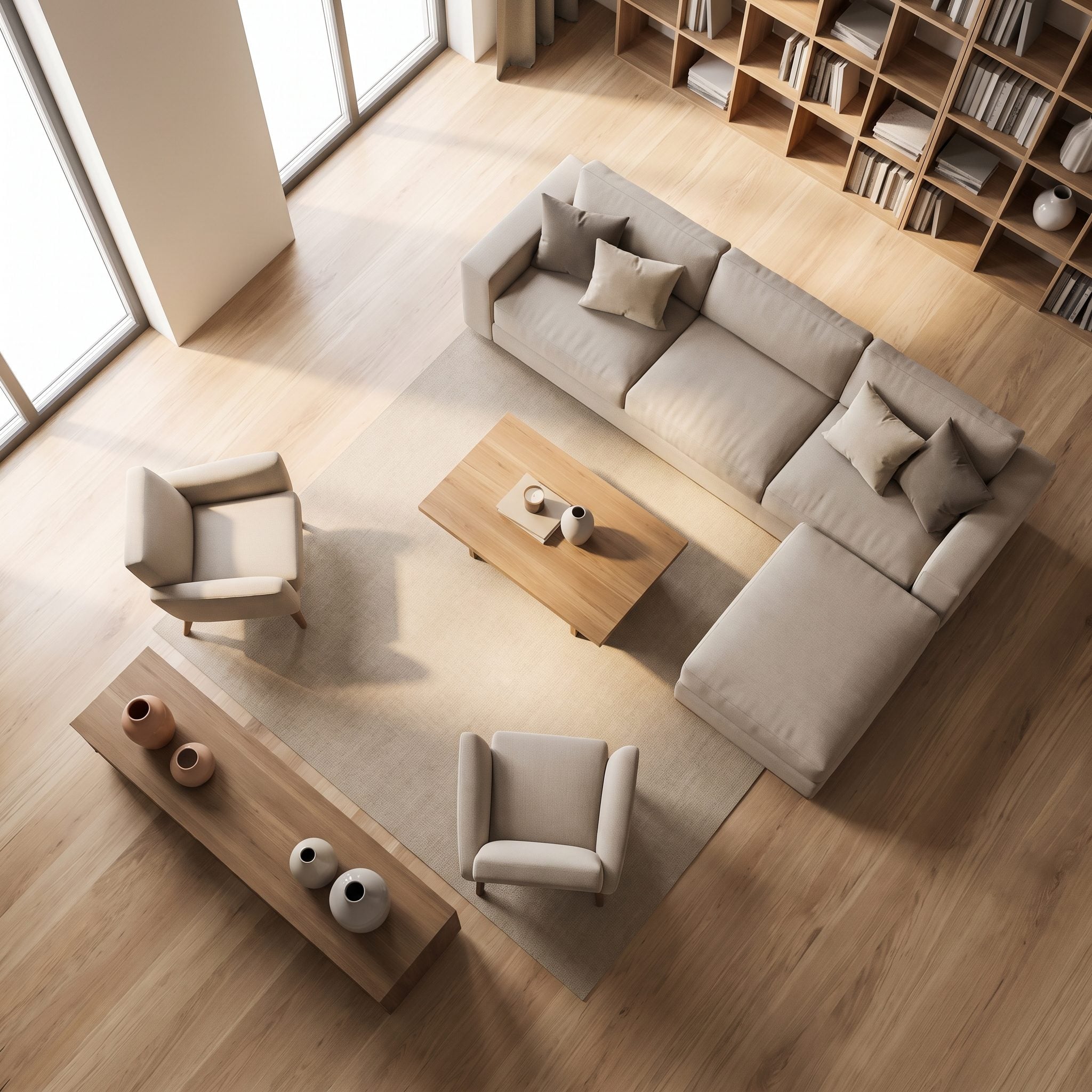 Living room with lamps positioned beside chairs and sofas rather than in an overhead ceiling grid