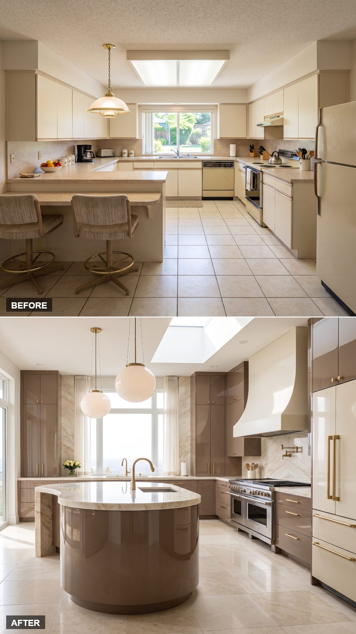 High-gloss mocha kitchen with a cream marble island