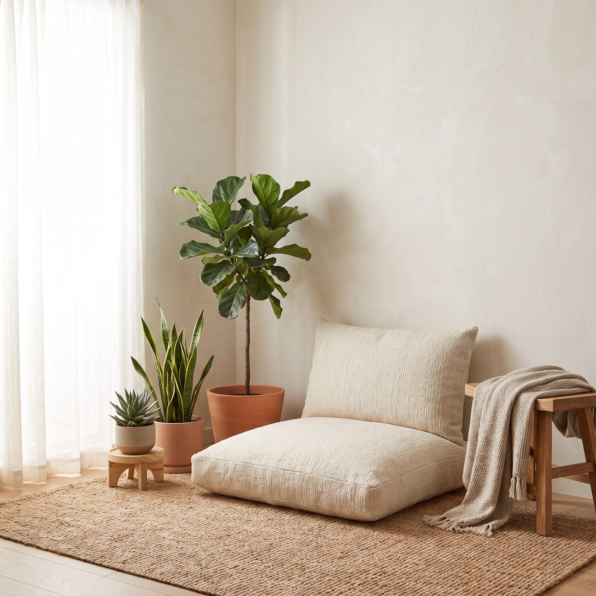 Bedroom meditation nook with a low upholstered platform fitted into an irregular corner with sage plaster walls