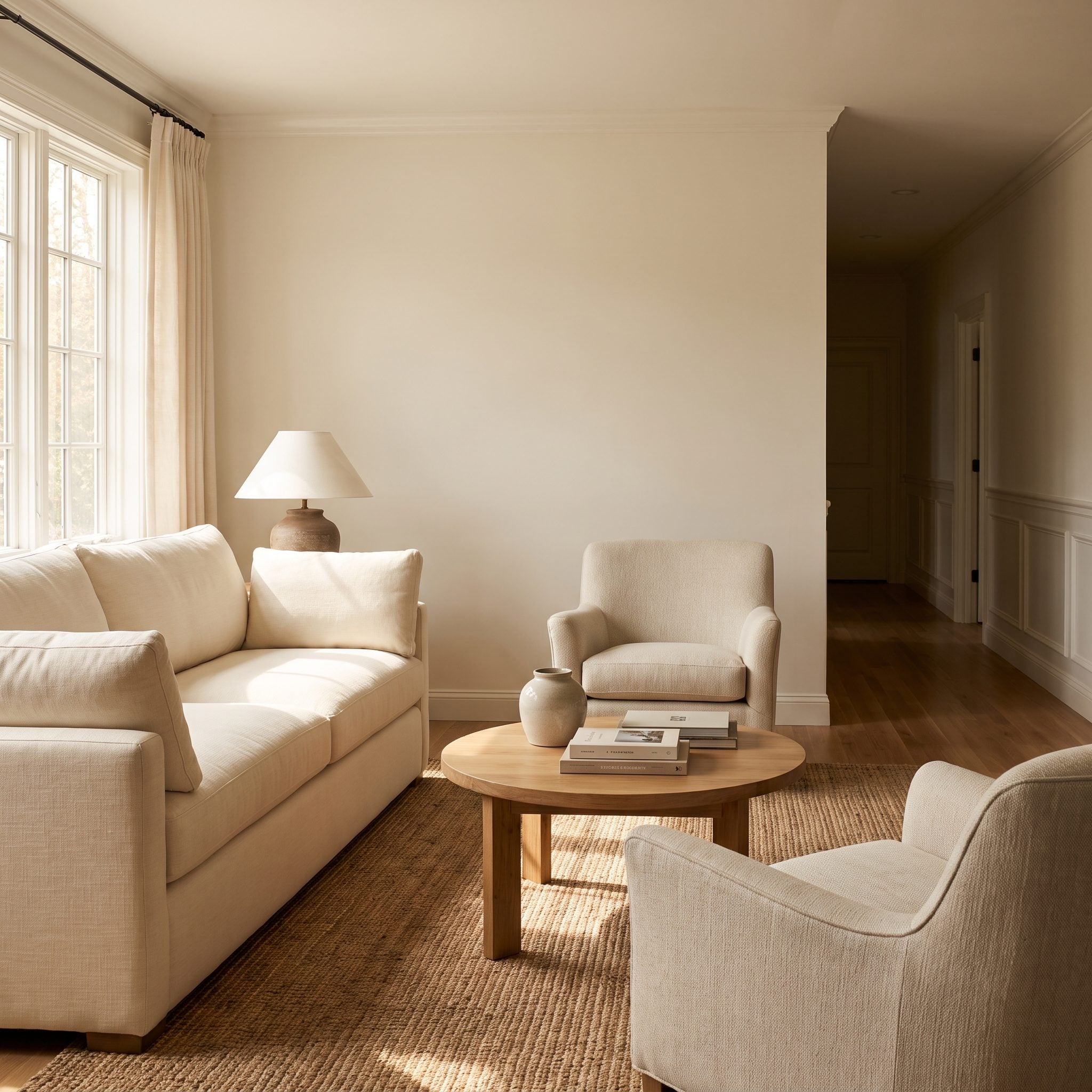 Living room with warm lighting concentrated around the central conversation area