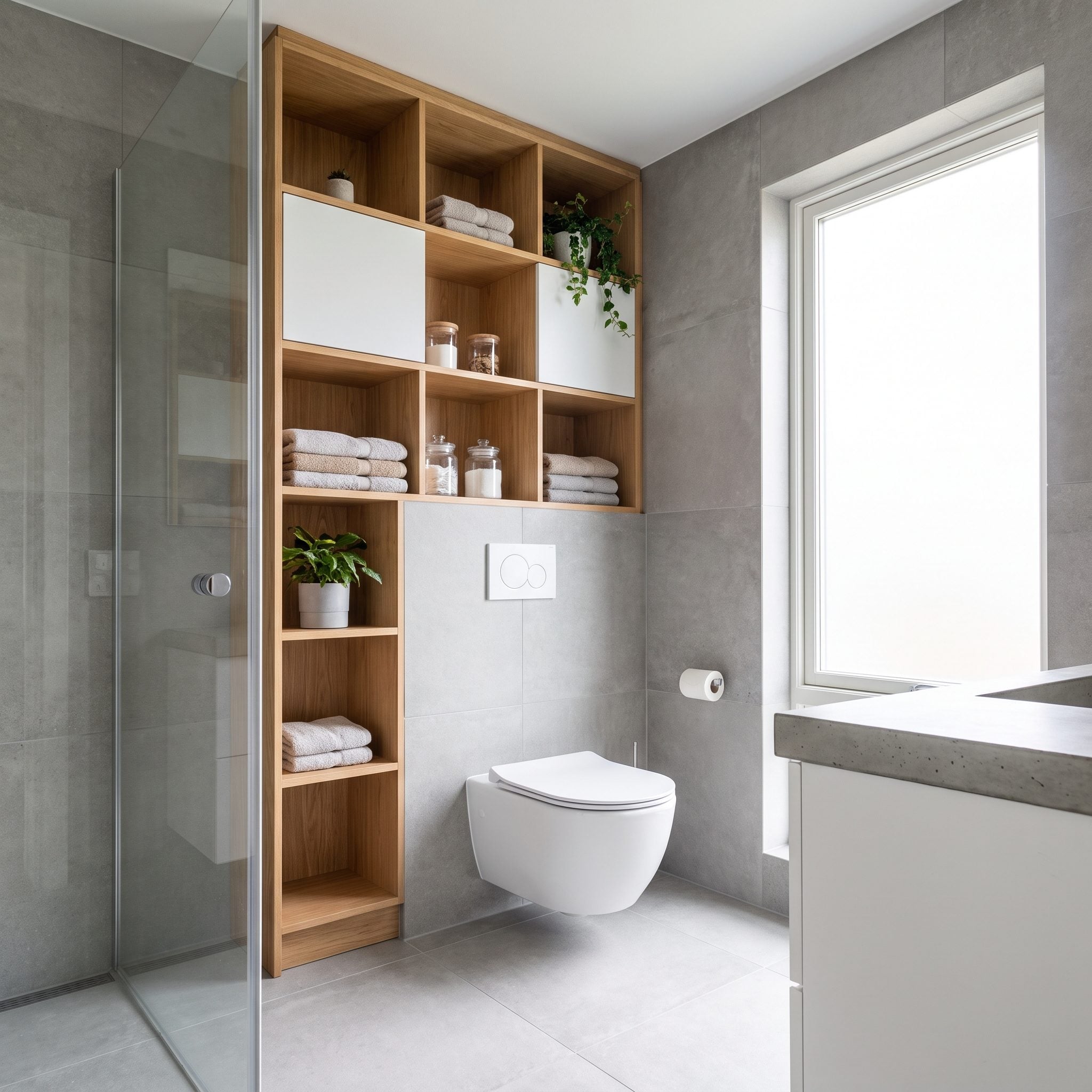 Compact bathroom with floating shelves above the toilet providing vertical storage