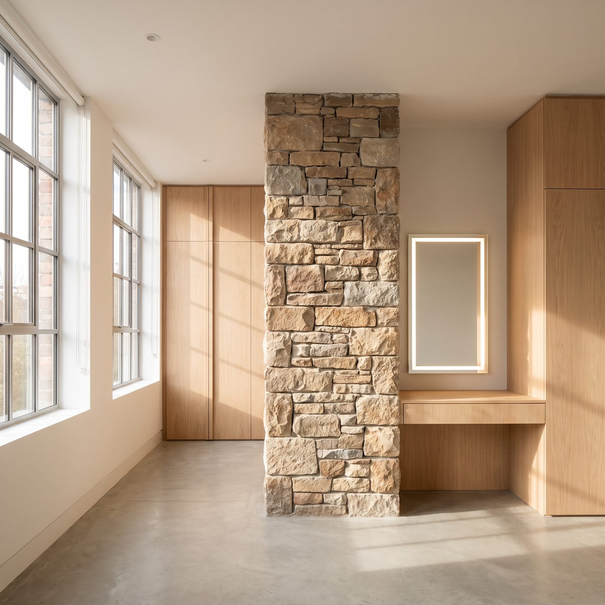 Bedroom dressing area with a textured masonry pier separating a seated vanity from walnut wardrobes