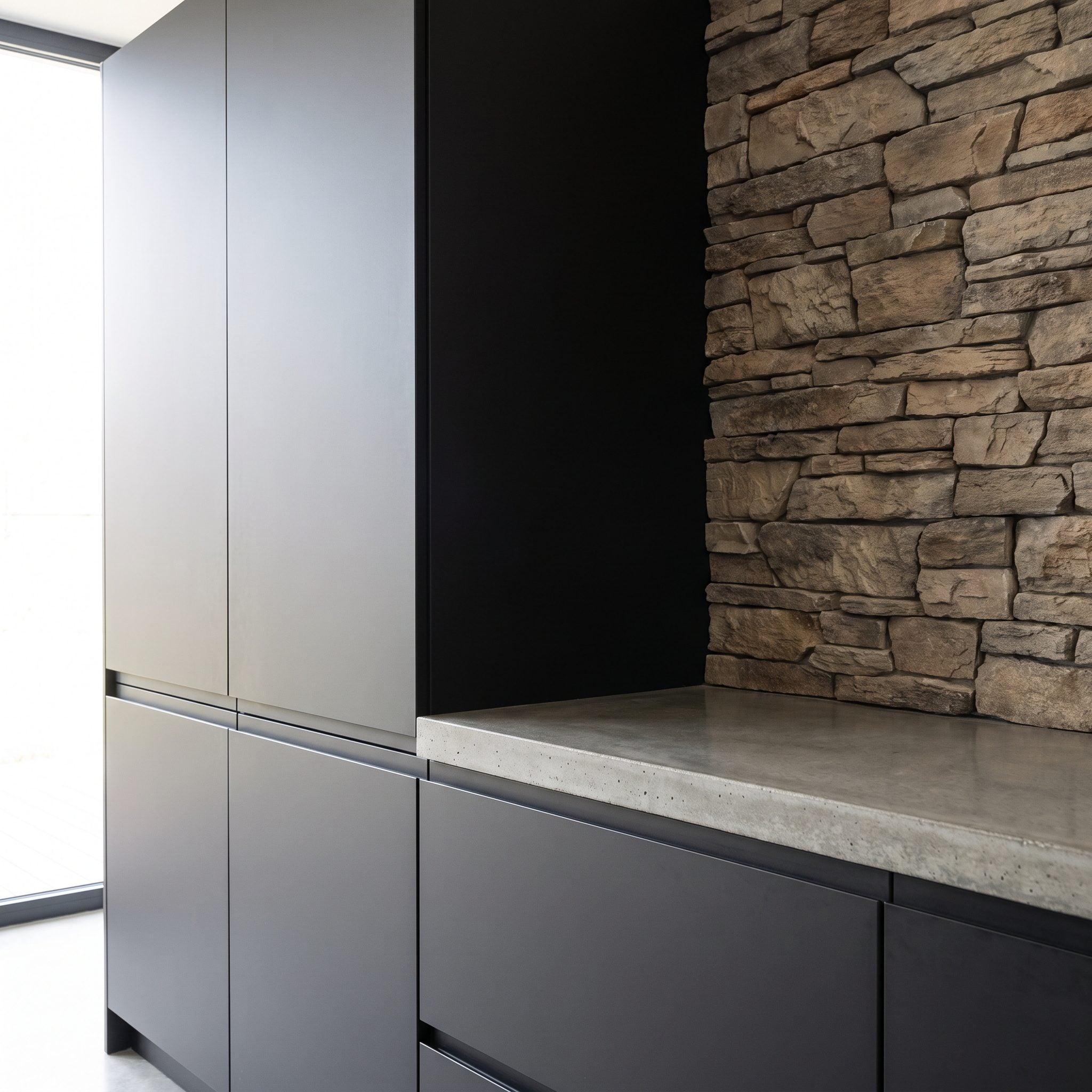 Graphite flat-front kitchen cabinets paired with new brushed-stainless backsplash panels and minimal hardware
