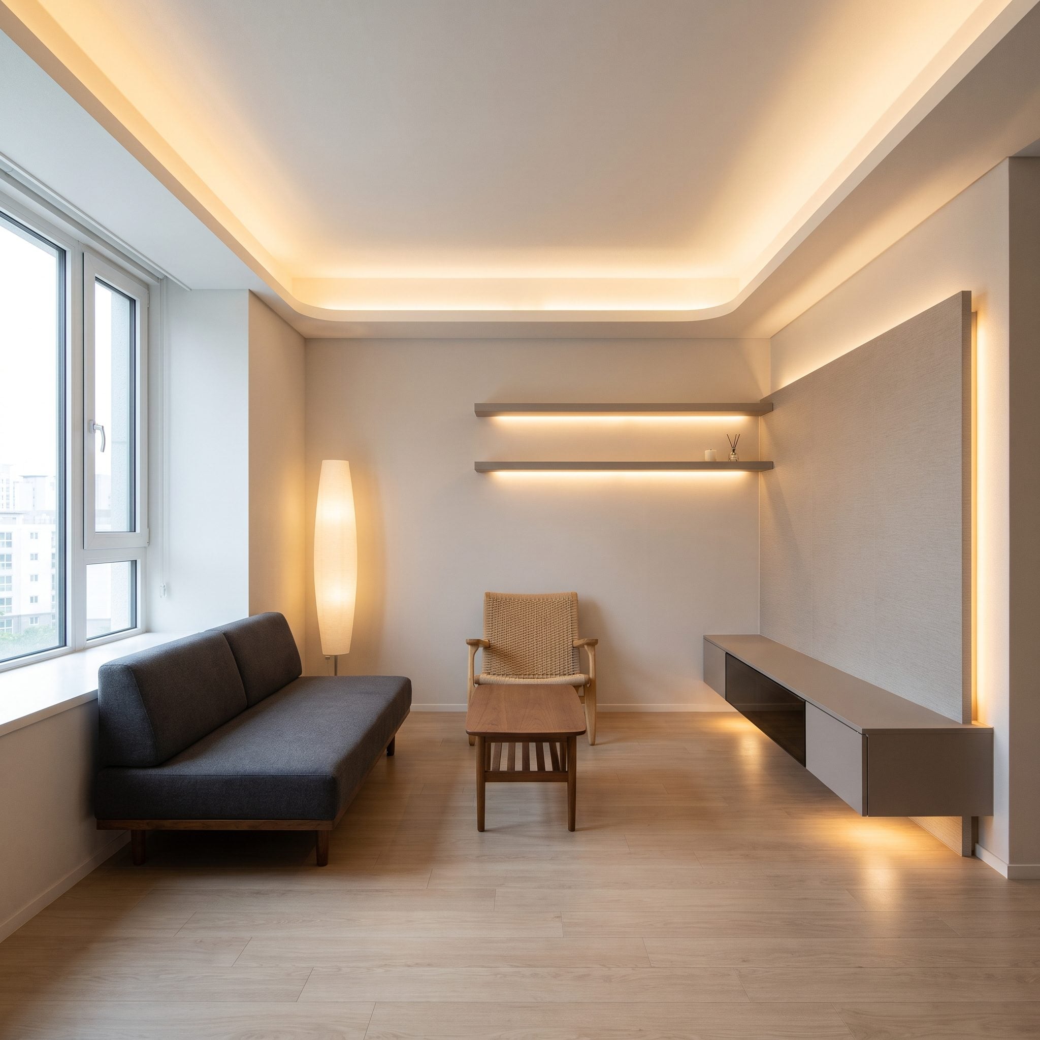 Small living room using a picture light, table lamp, and plant uplight at different depths